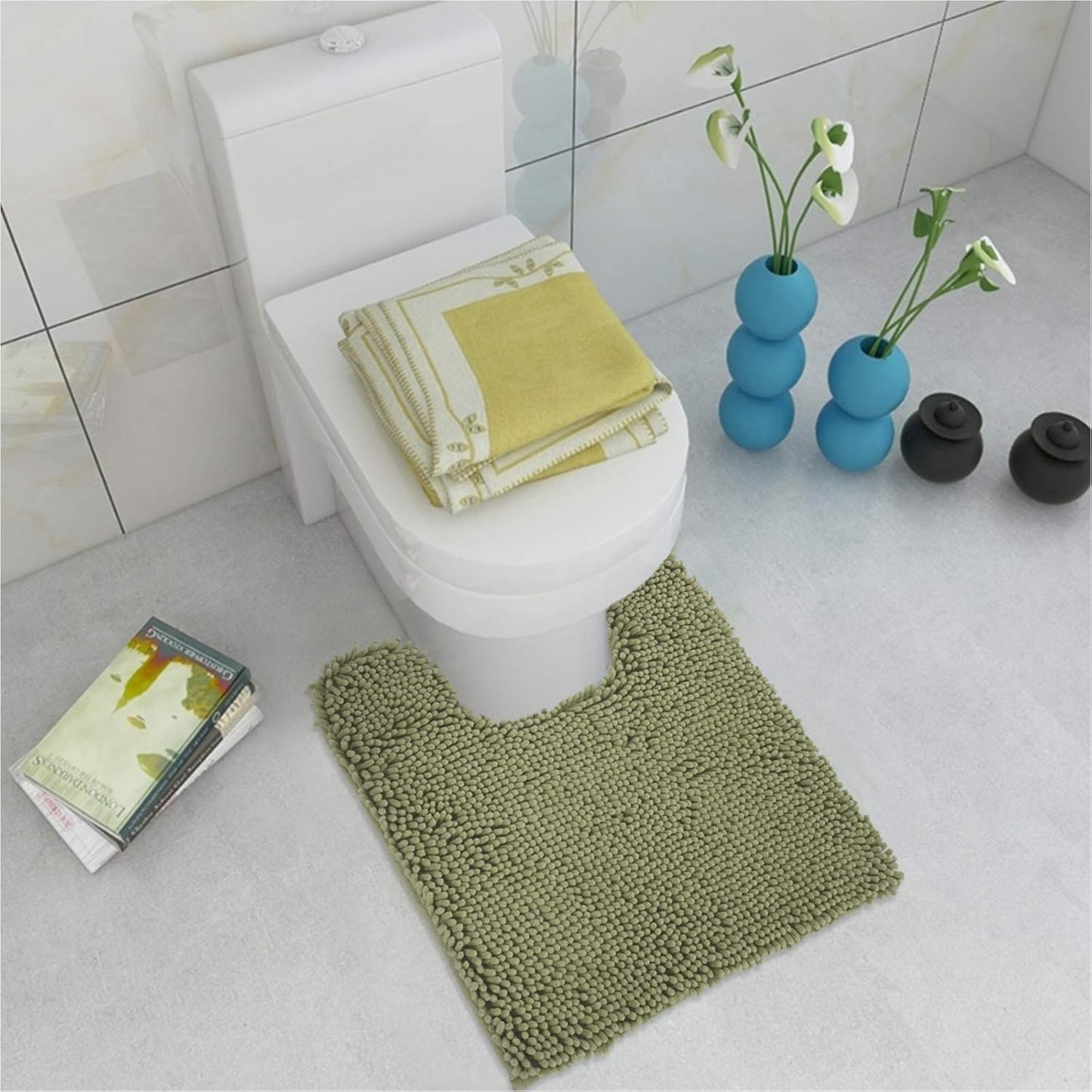 ITSOFT Non-Slip Shaggy Chenille Toilet Contour Bathroom Rug with Water Absorbent, 24 x 21 Inches U-Shaped Sage Green