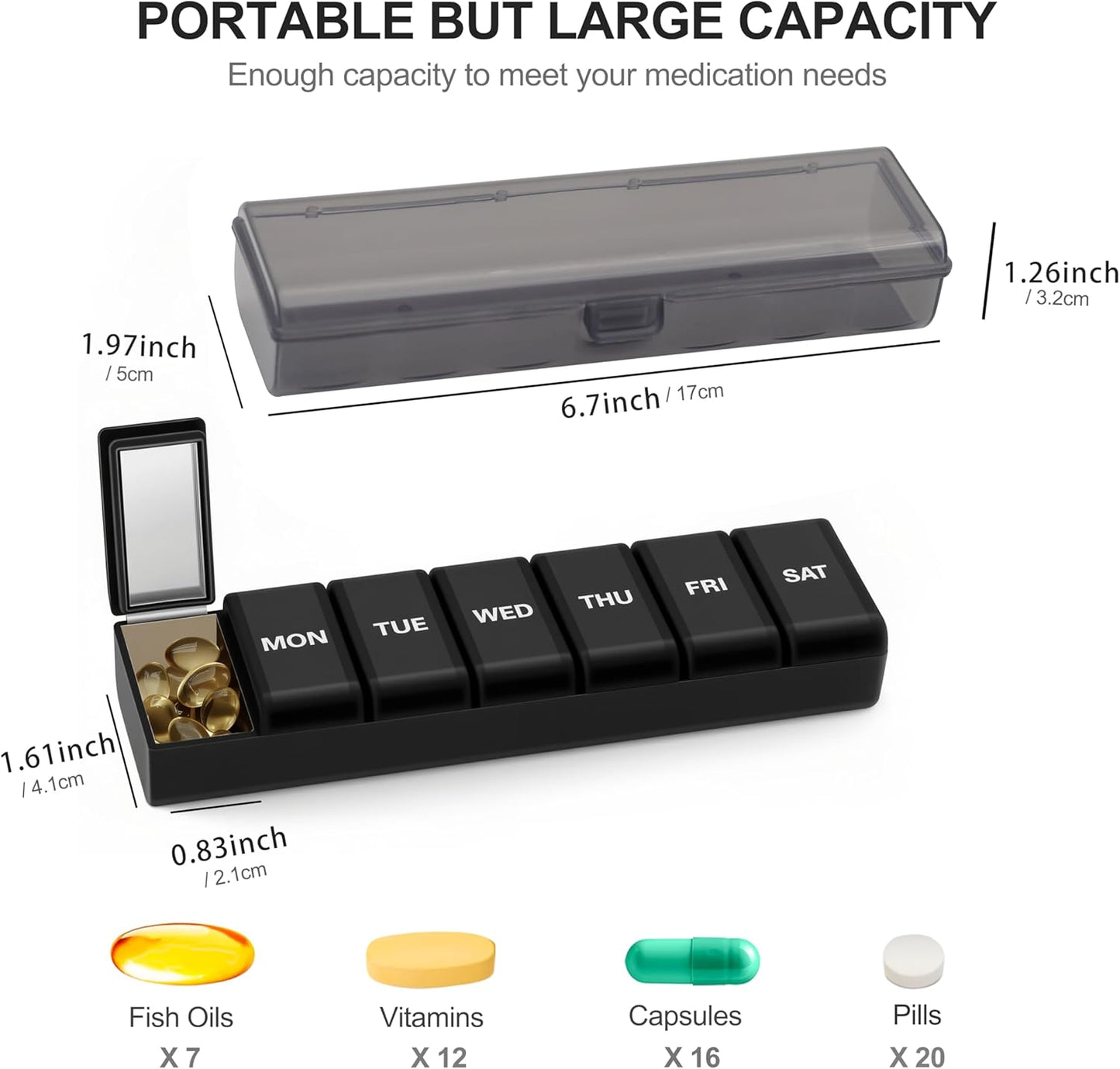 Silicone Weekly Pill Organizer 7 Day, Arthritis-Friendly Medicine Box Daily Pill Box, Large Medicine Case with Shell, Compact Travel Pill Container for Pill, Vitamin, & Fish Oil (Black)