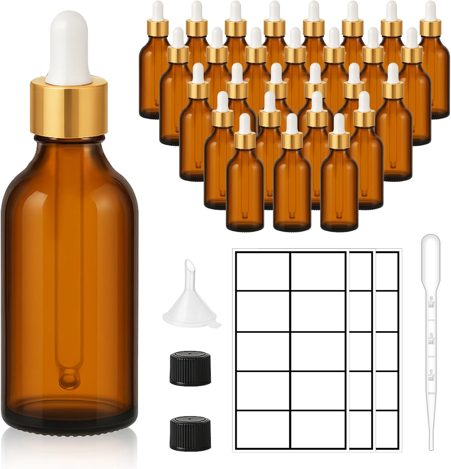 28 Pack 2oz Amber Glass Dropper Bottles with Gold Lids, Funnels, Droppers, Extra Caps & Labels – Leakproof, UV Resistant 60ml Empty Bottle for Tinctures, Essential Oils, Beard & Hair Oils