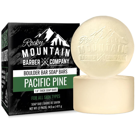 Men’s All-in-One Shampoo & Body Soap Bars – Extra Thick 1.6” Glycerin Hair & Body Soap - 2 Soap Bars - Pacific Pine Scent - with Oat Protein & Black Pine Essential Oil - Made in USA - 14.5 oz