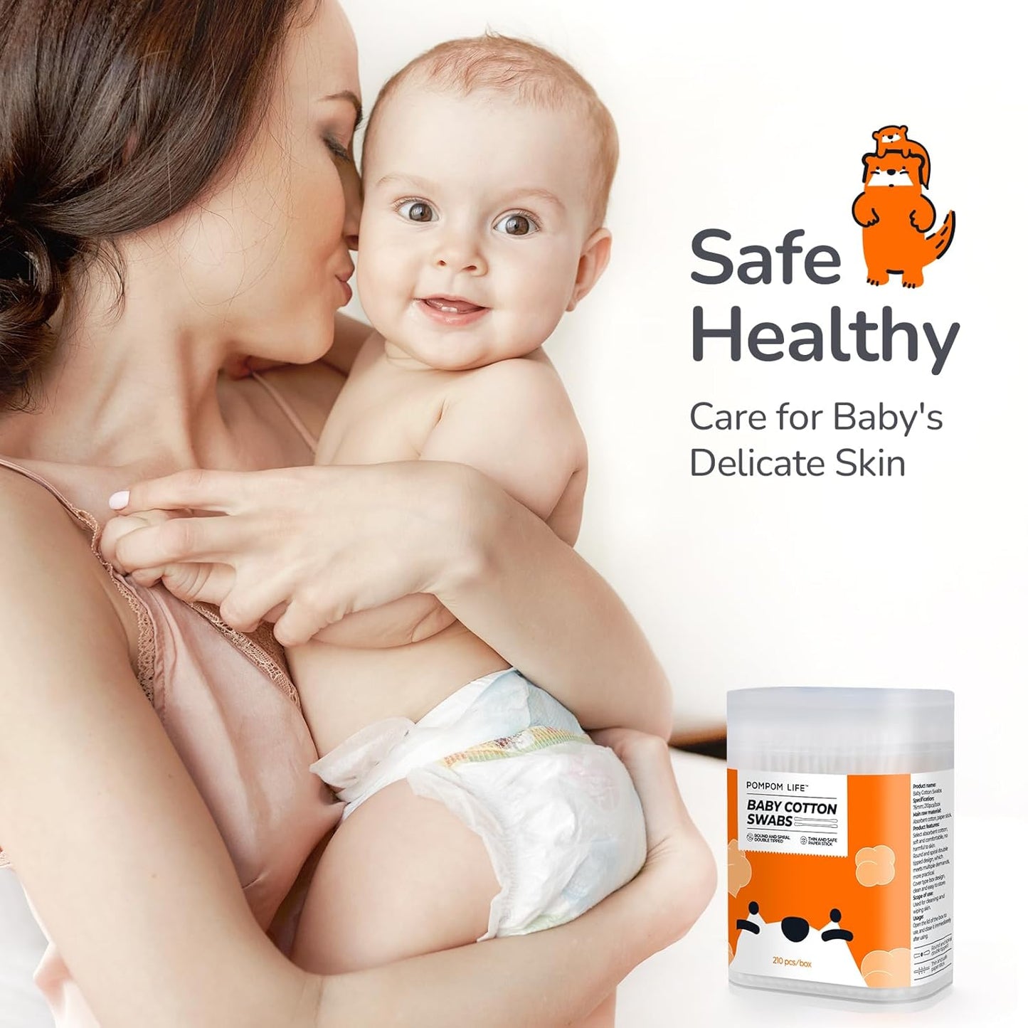 Baby Cotton Swabs 210 Count, Cotton Swabs For Personal Hygiene, Baby Safe Tips For Ear and Nose Clean With Biodegradable & Organic Cotton Buds, Double Tipped Safety Sticks, 100% Eco-Friendly