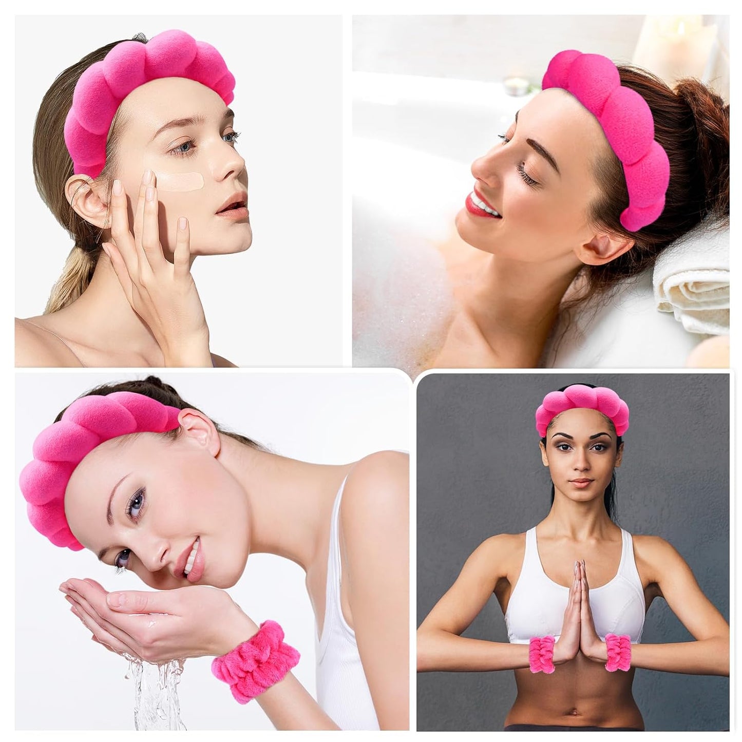 Zkptops Spa Headband for Women Sponge Makeup Skincare Headband Washing Face Wristband Set Terry Cloth Bubble Soft Get Ready Hairband Puffy Padded Headwear Non Slip Thick Hair Accessory(Hot Pink-2)
