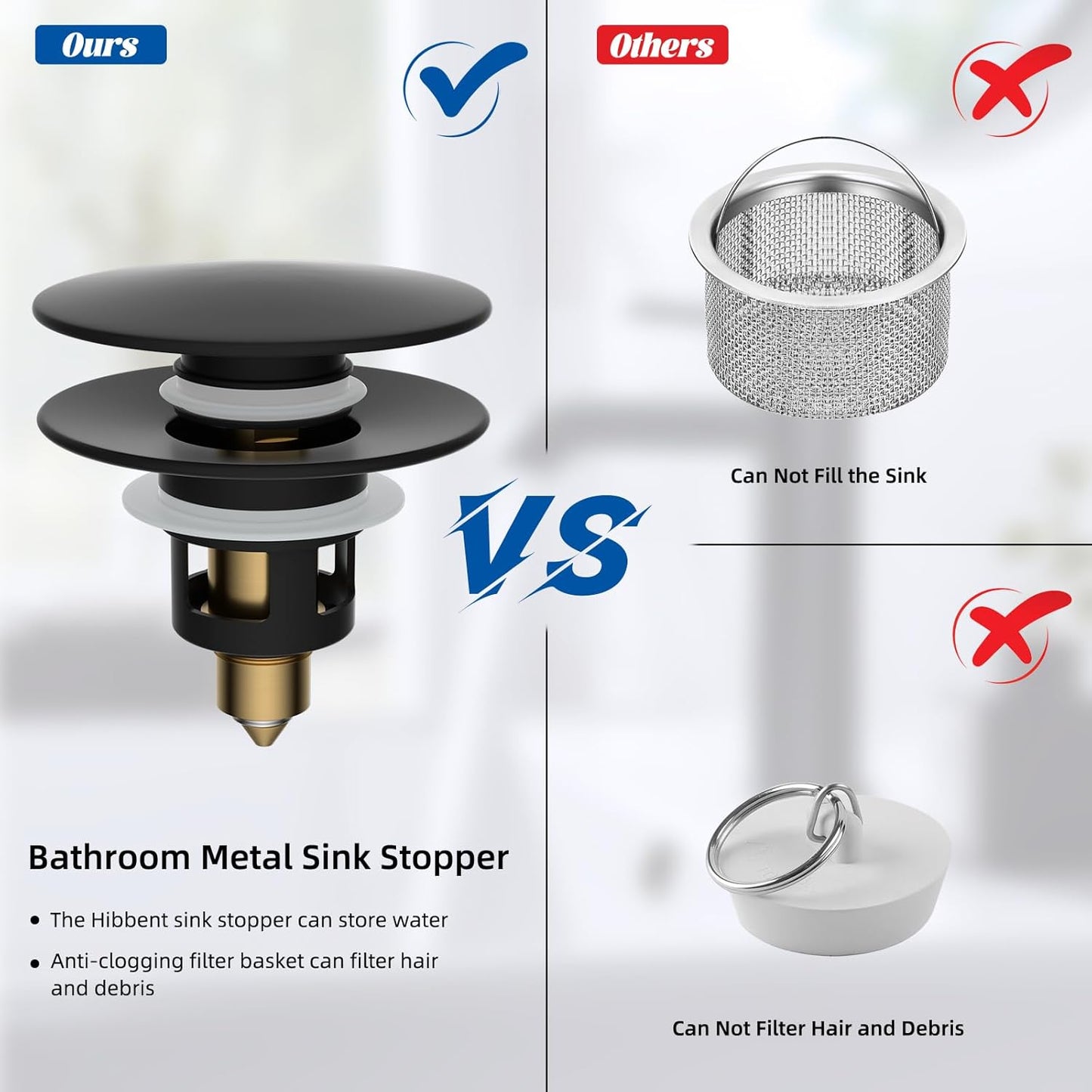 Hibbent All Metal 2 in 1 Bathroom Sink Stopper, Universal Pop Up Drain Strainer, Brass Bullet Core Push Type Sink Stopper for 1.1''~2.3'' Basin, Big Push Button, Anti Clogging Filter, Matte Black