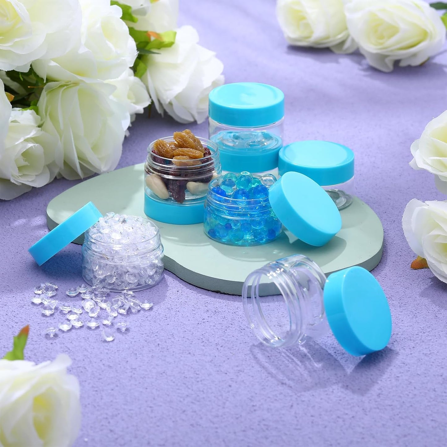 SATINIOR 12 Pack Plastic Container Jars with Lids Round Clear Travel Cosmetic Container Jars for Toiletries, Lotion, Cream, Ointments, Makeup, Rhinestone, Samples, Kitchen Storage(2 oz,Blue)