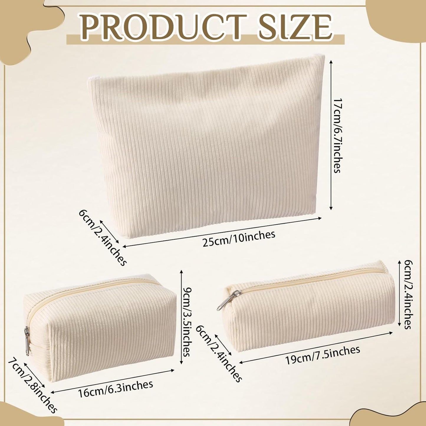 3 Pcs Makeup Bag Set for Women Corduroy Cosmetic Pouch Aesthetic Smile Travel Toiletry Bag Cute Purse Pouch Pencil Case Makeup Brushes Storage Organizer for Christmas(White,Solid Style)