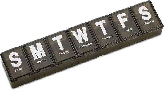 Weekly Pill Organizer - Extra Large with Easy to Read Jumbo Letters Vitamin Container, BPA Free - Daily Travel 7 Day Medication Pill Box Case, (Black)