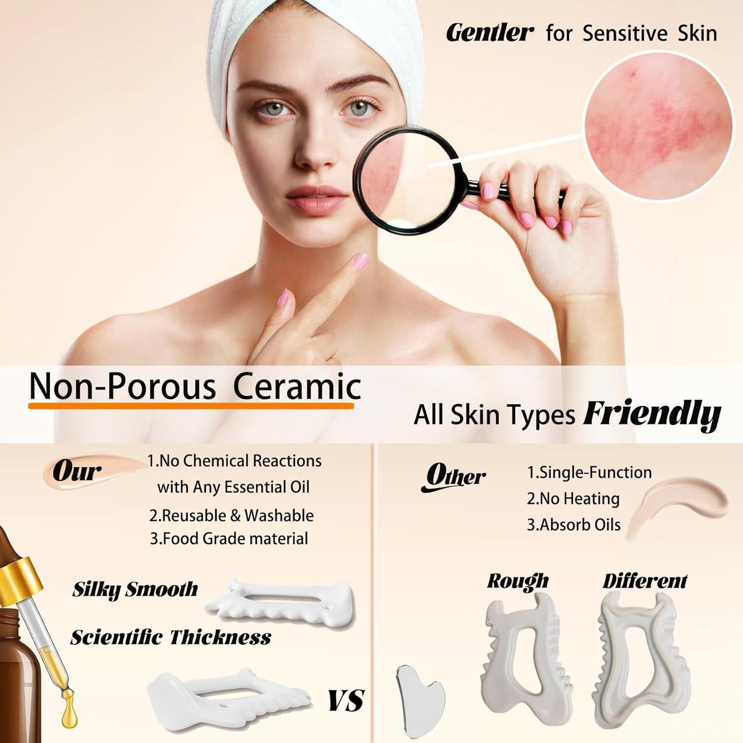 Ceramic Gua Sha Tool for Face & Body - 6 in 1 Manual Facial Massage for Lymphatic Drainage, Jaw Lifting, Puffiness Care, Neck Massage for Stress Relief - Home Self Care,Gift for Mum Wife White