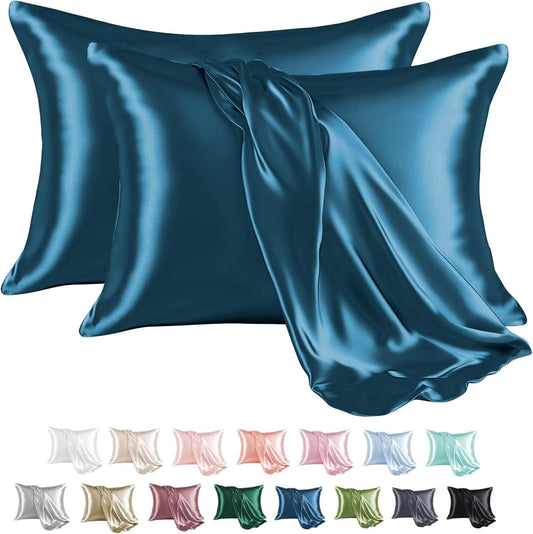 MR&HM Satin Pillowcase for Hair and Skin, Silk Satin Pillowcase 2 Pack, Queen Size Pillow Cases Set of 2, Silky Pillow Cover with Envelope Closure (20x30, Teal)