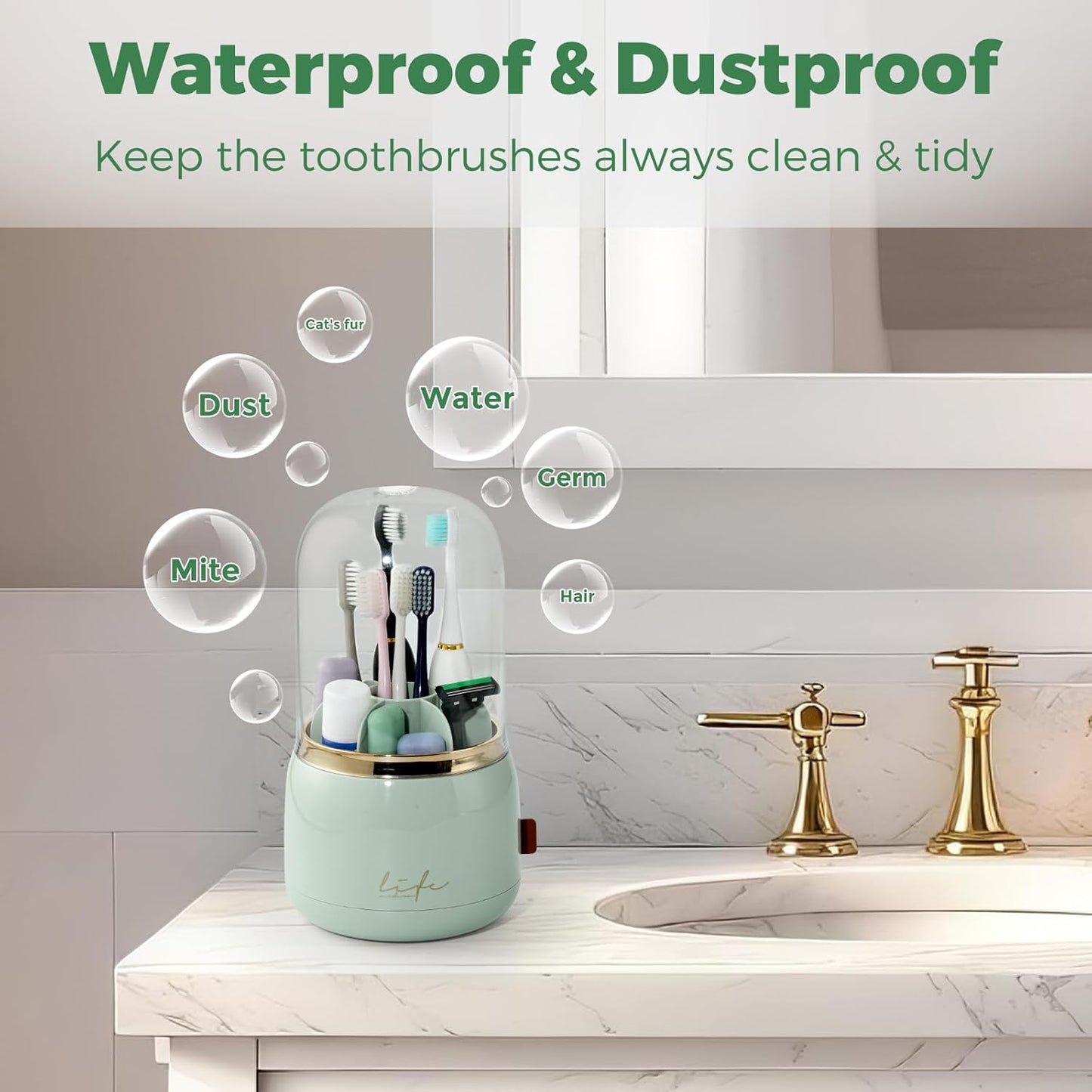 Toothbrush Holders for Bathrooms, Rotating 7 Slots Toothbrush Holder with Cover, Kids Electric Toothbrush and Toothpaste Holders for Caddy for Bathroom Vanity, Sink, Countertop, Light Green