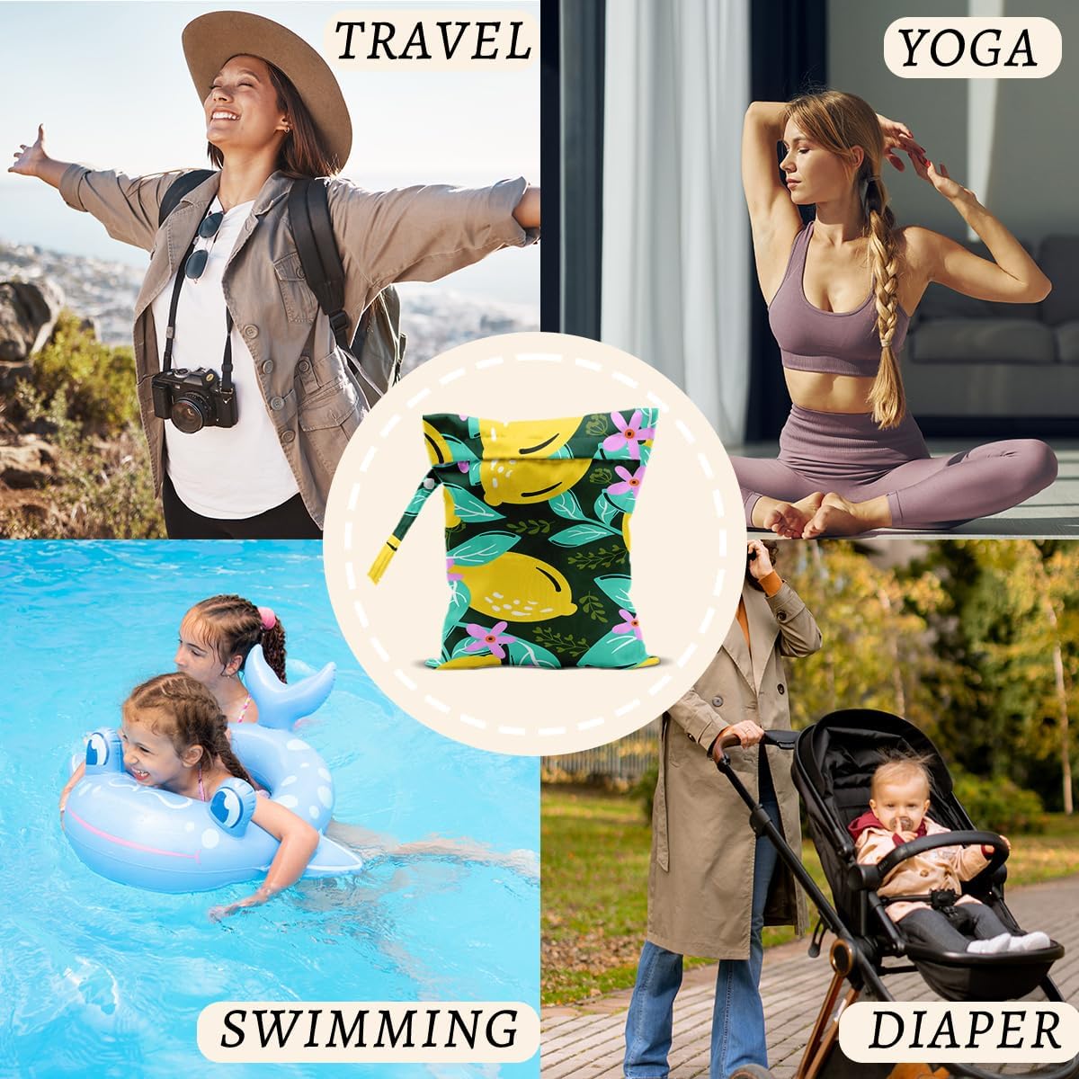 2Pcs Lemon Wet Bags 12x10 Inch, Flowers Waterproof Reusable Wet Dry Bags, Summer Washable Travel Laundry Bag for Swimsuit Beach Diapers Dirty Yoga Gym Clothes, Lemon Gifts for Women Friend Travelers