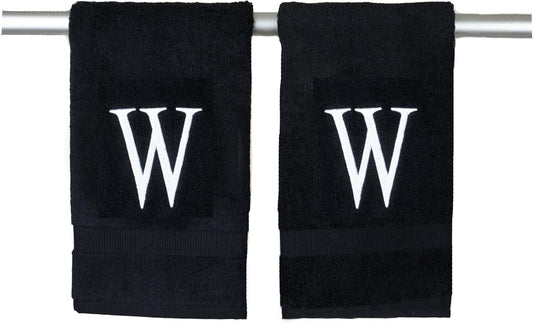 Black Luxury Hand Towel for Bathroom - Monogrammed Initial Hotel Quality Decorative Embroidered Towel for Powder Room, Spa - GOTS Organic Certified - Pack of 2 - Letter W
