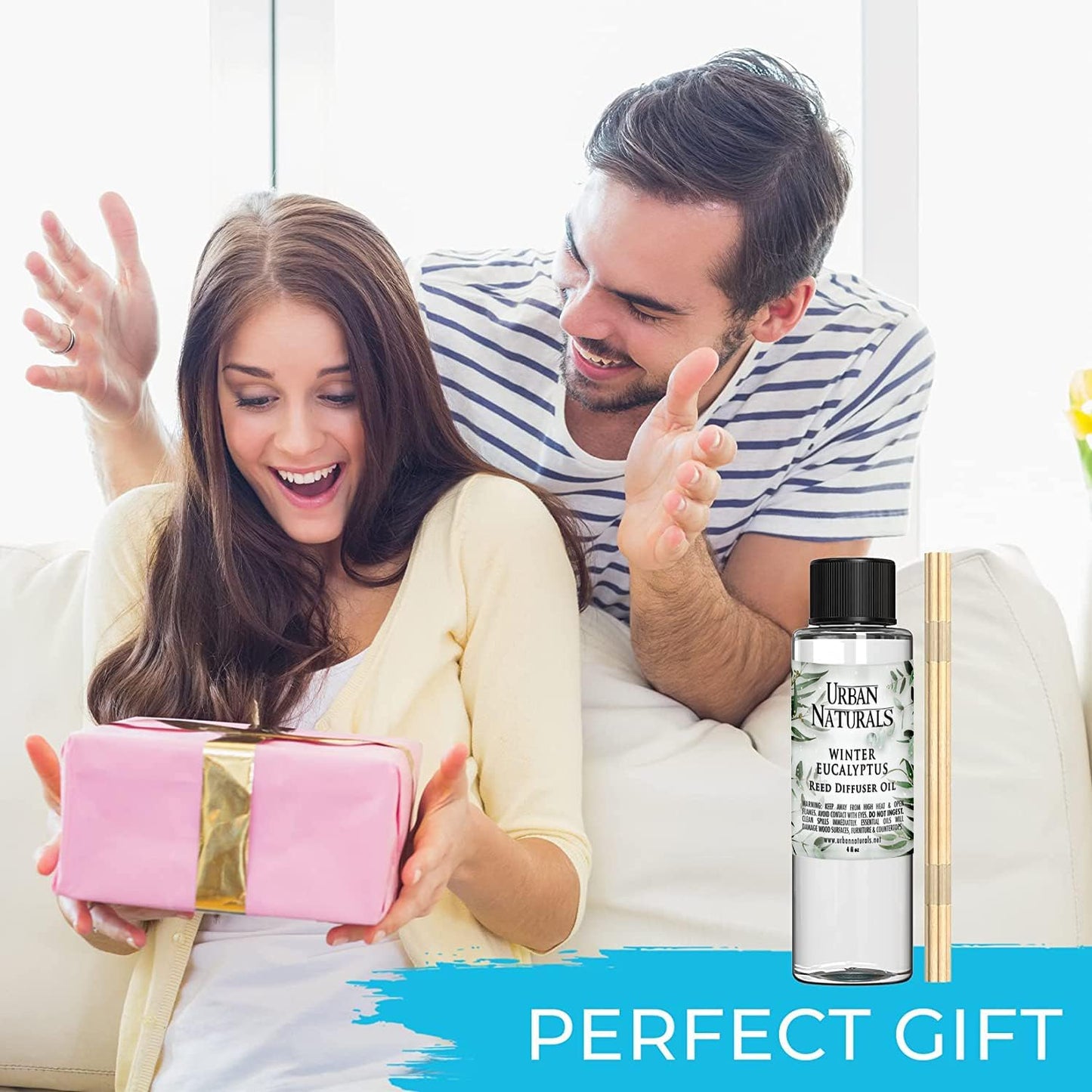 Urban Naturals Reed Diffuser Oil Refill Winter Eucalyptus, Crisp Eucalyptus, Mint, Spruce, Cedar, Essential Oils, 4 oz + Free Reed Sticks, Made in The USA