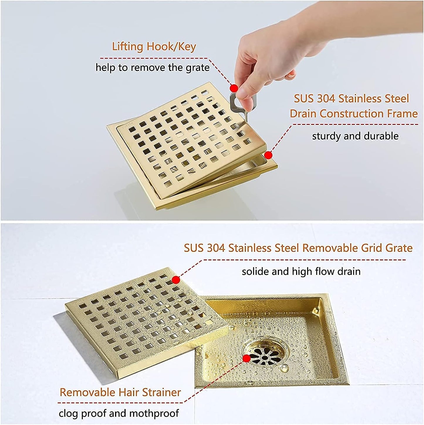 RANDOM Brushed Gold Shower Drain Square 6 Inch Shower Drain Cover Kit with Flange,SUS 304 Stainless Steel Shower Floor Drain with Removable Grid Cover and Hair Strainer