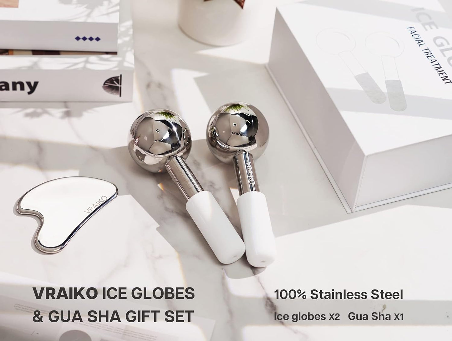 VRAIKO ICE Globes for Facials & Gua Sha Set, Gua Sha Facial Tools and Cryo Sticks with Unbreakable Steel, Face Massager Cooling Rollers for Dark Circles, Puffiness and Lymphatic Drainage (White)