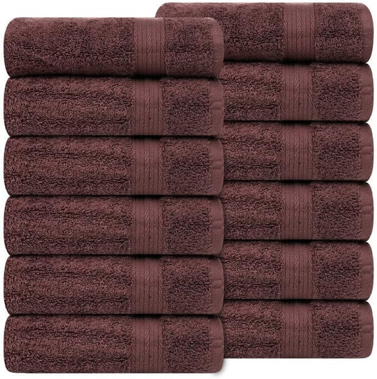 Ample Decor Hand Towel 18 X 28 Inch Pack of 12 600 GSM 100% Cotton,Oeko Tex Certified Soft Absorbent Thick Durable Premium Quality, for Hotel, Bathroom,Spa, Daily Use,Gym-Machine Washable-Brown
