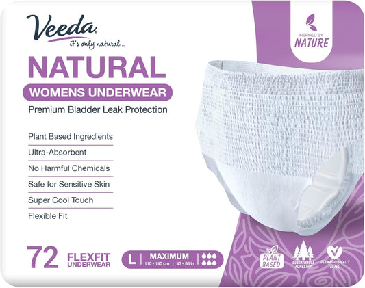 Veeda Natural Adult Incontinence Underwear for Women - Postpartum Underwear for Bladder Leakage Protection - Disposable Underwear with Maximum Absorbency - Large Size - 72 Count