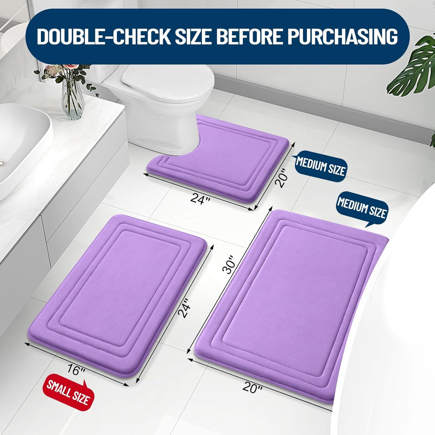 Grandaily Memory Foam Bath Mat Rug 24x16, Ultra Soft, Non-Slip and Absorbent Bathroom Rugs, Machine Wash Dry, Comfortable Bath Carpet for Bathroom Floor, Tub and Shower, Lavender