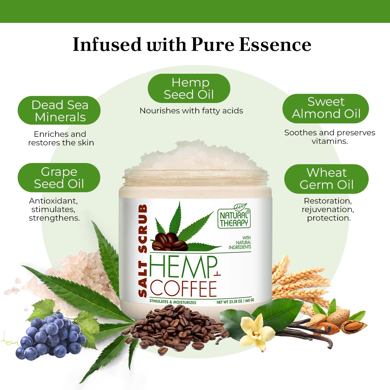 Natural Therapy Hemp & Coffee Salt Scrub – Exfoliating Body Scrub for Women – Moisturizing and Nourishing Skin – with Pure Oils and Dead Sea Minerals (23.28 Oz)