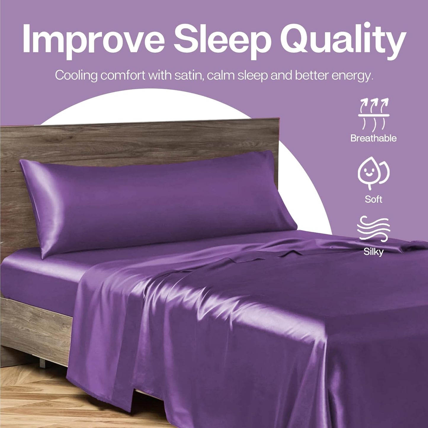 MR&HM Satin Body Pillow Cover, Soft and Breathable Body Pillow Case with Envelope Closure, Cooling and Silky Long Pillowcase for Hair and Skin,Grey (20x54, Lavender)