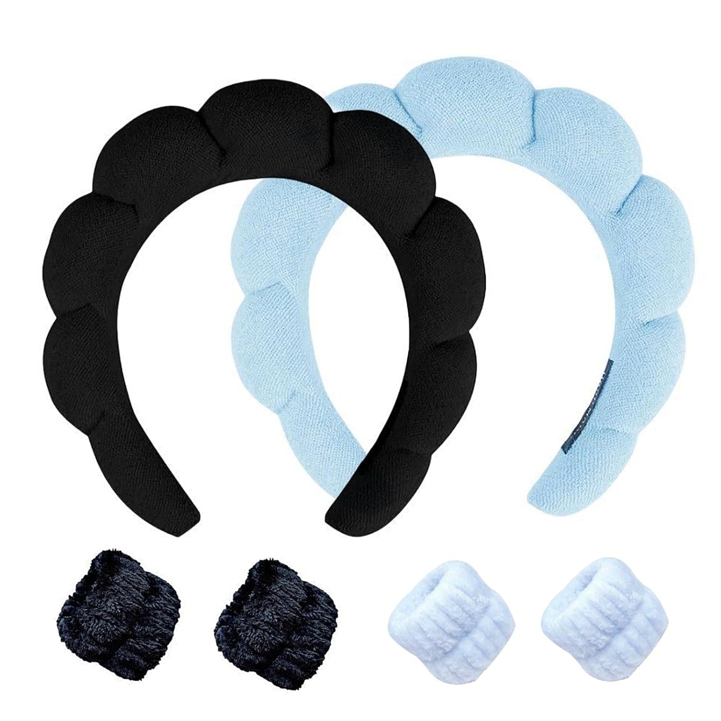 Spa Headband and Wristband Set for Women,Terry Cloth Sponge Headband for Washing Face,Makeup,Facial Mask and Skincare (Black,Blue, One Size)