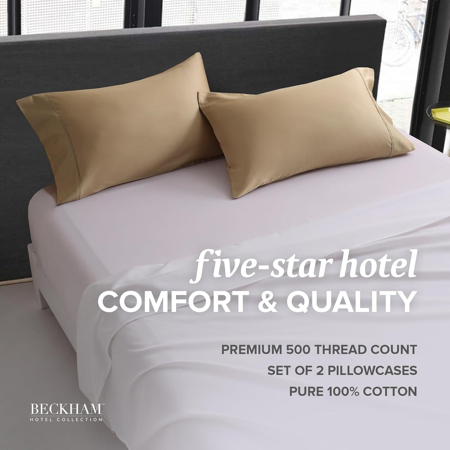 Beckham Hotel Collection Bed Pillowcases King Size Set of 2, 500TC 100% Cotton, Luxury Sateen Bedding, Open End, Breathable, Moisture-Wicking, Sand