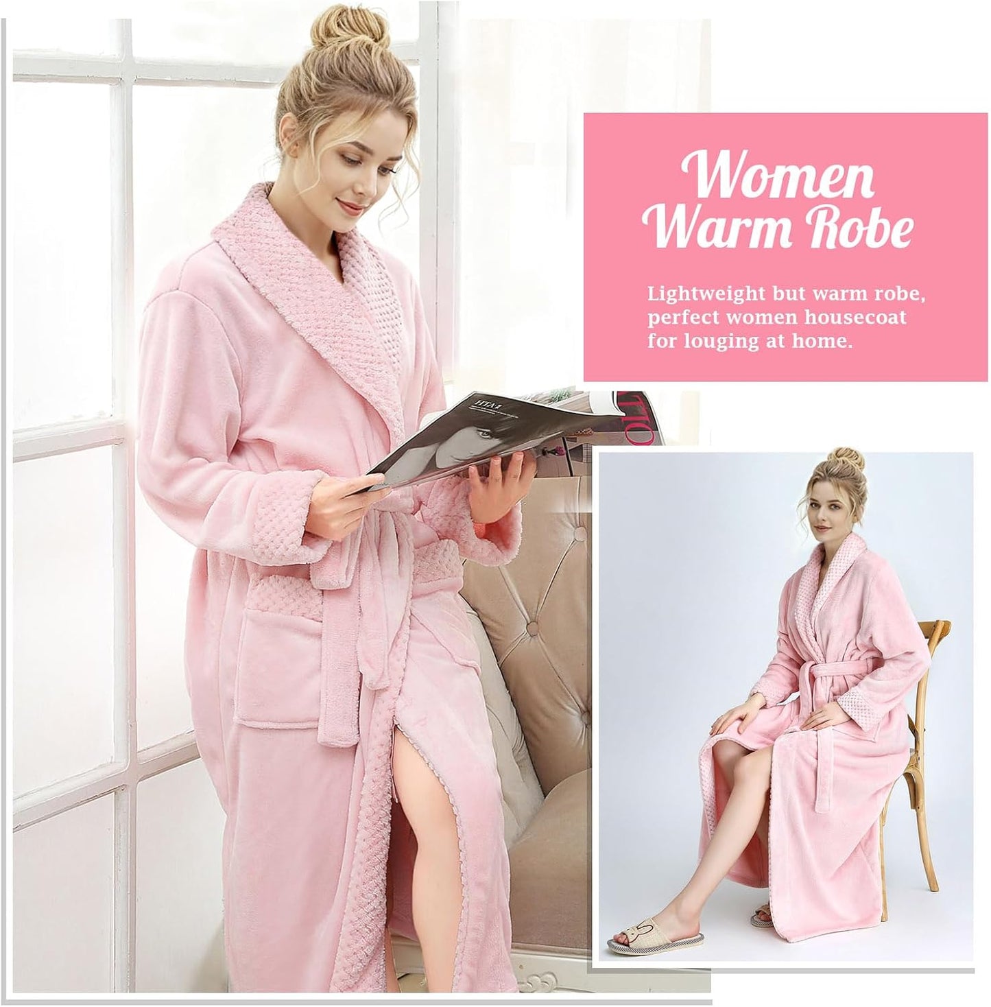 Hellomamma Long Bath Robe for Womens Plush Soft Fleece Bathrobes Nightgown Ladies Pajamas Sleepwear Housecoat