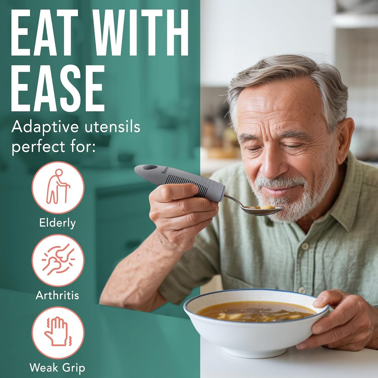 BUNMO Adaptive Utensils for Elderly, Tremors & Weak Hand Grips – 4pc Lightweight Assistive Silverware Set with Foam Easy Grip Handles – Discreet Canvas Travel Wrap – Dishwasher Safe