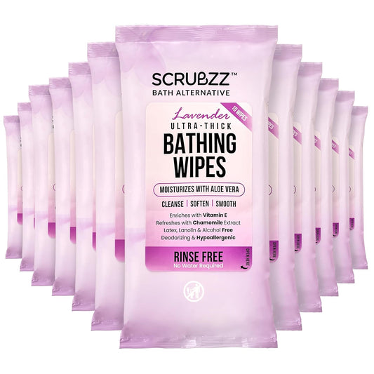 Extra Large Bath Wipes for Adults Bathing No Rinse - 120 Disposable Body Cleansing Wipes for Men, Women & Elderly - Great for Gym, Camping, Post Surgery - Lavender
