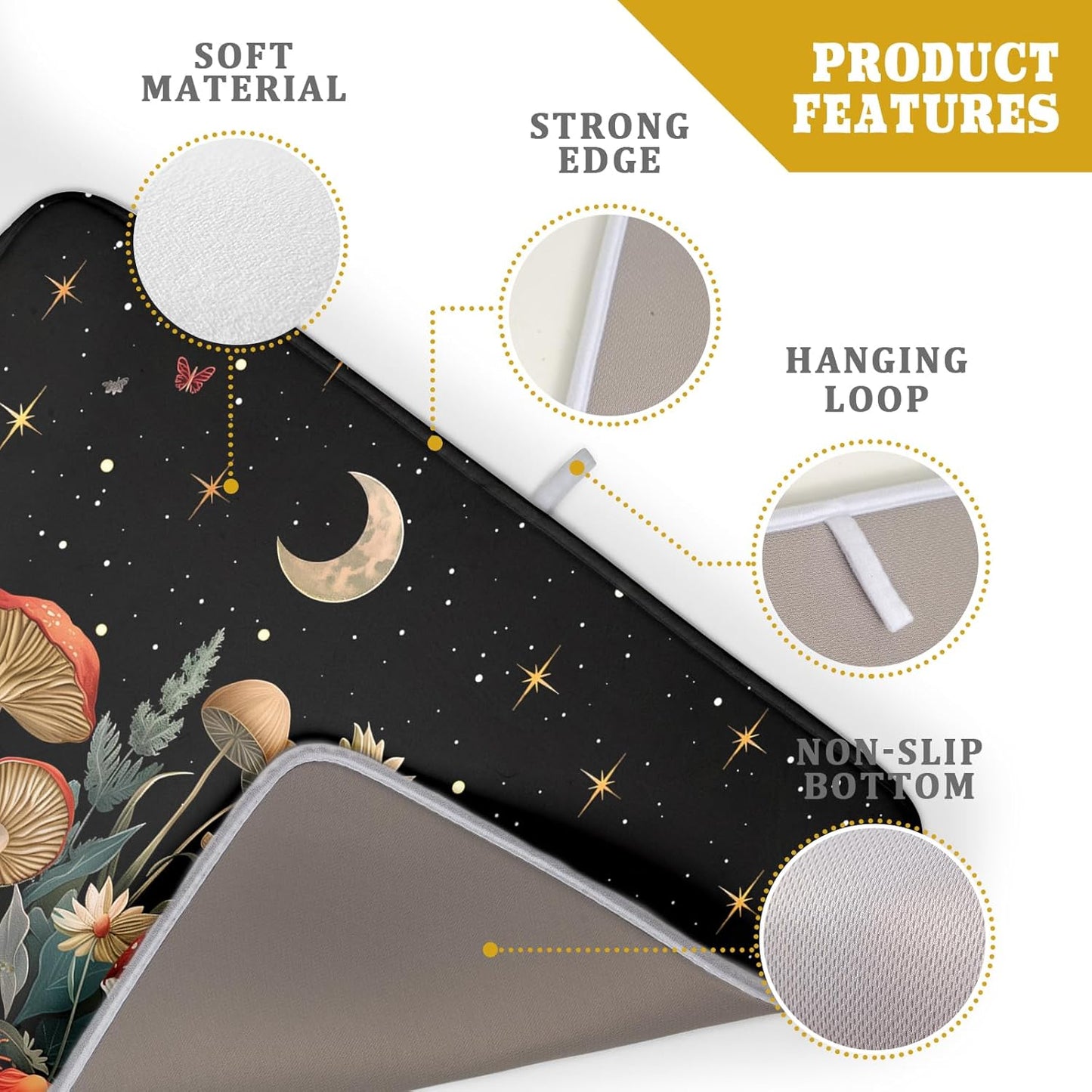 Black Mushroom Dish Drying Mat for Kitchen Counter Leaves Botanical Microfiber Dish Rack Mat Drainer Pad Washable Absorbent Dry Mat 18×24 Inch