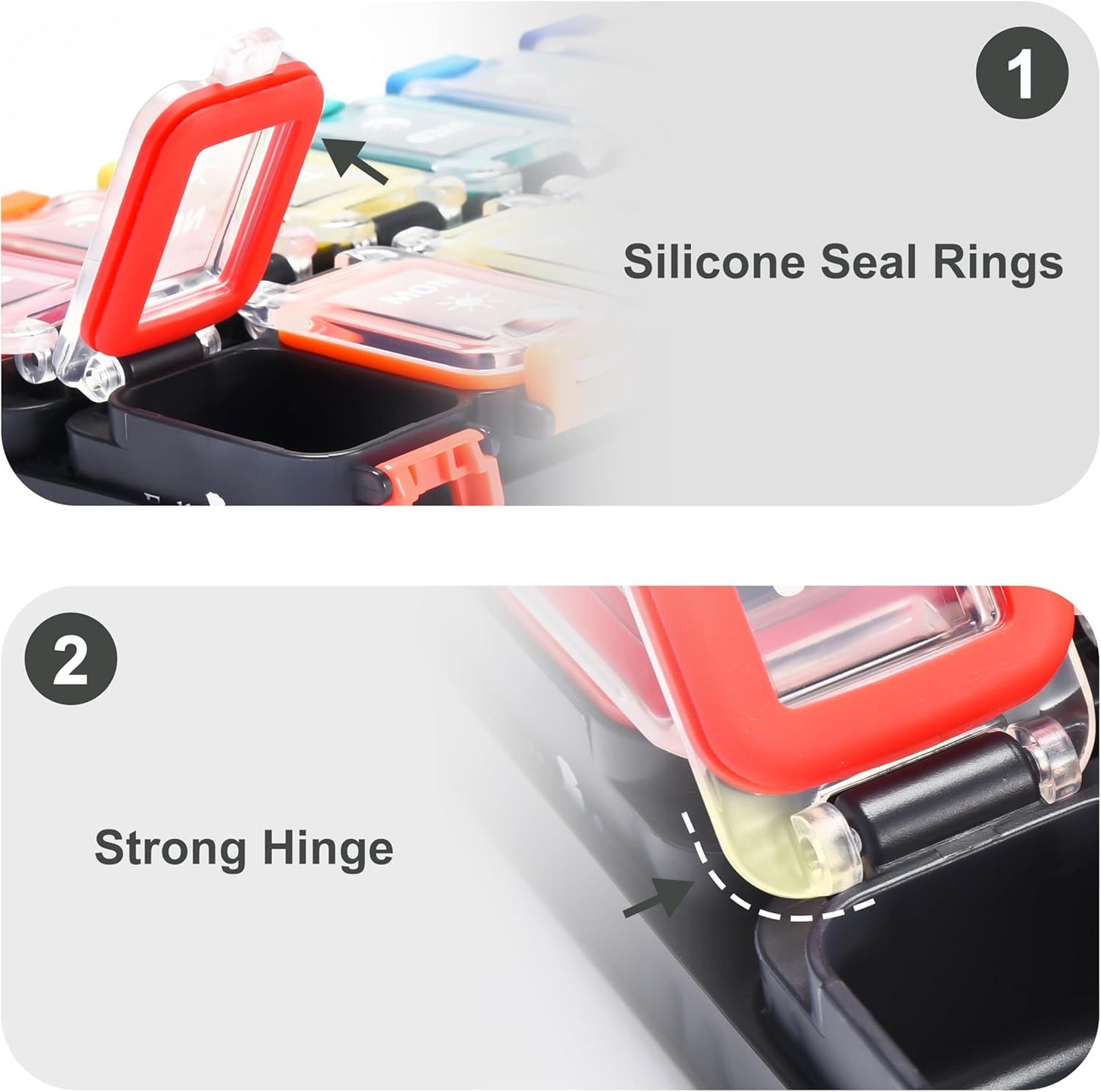 Fullicon Moisture Proof Pill Organizer 2 Times a Day, Large 7 Day Box, Spill Proof Case, Travel Container, Medicine Organizer With Secure Lids (Rainbow Black)