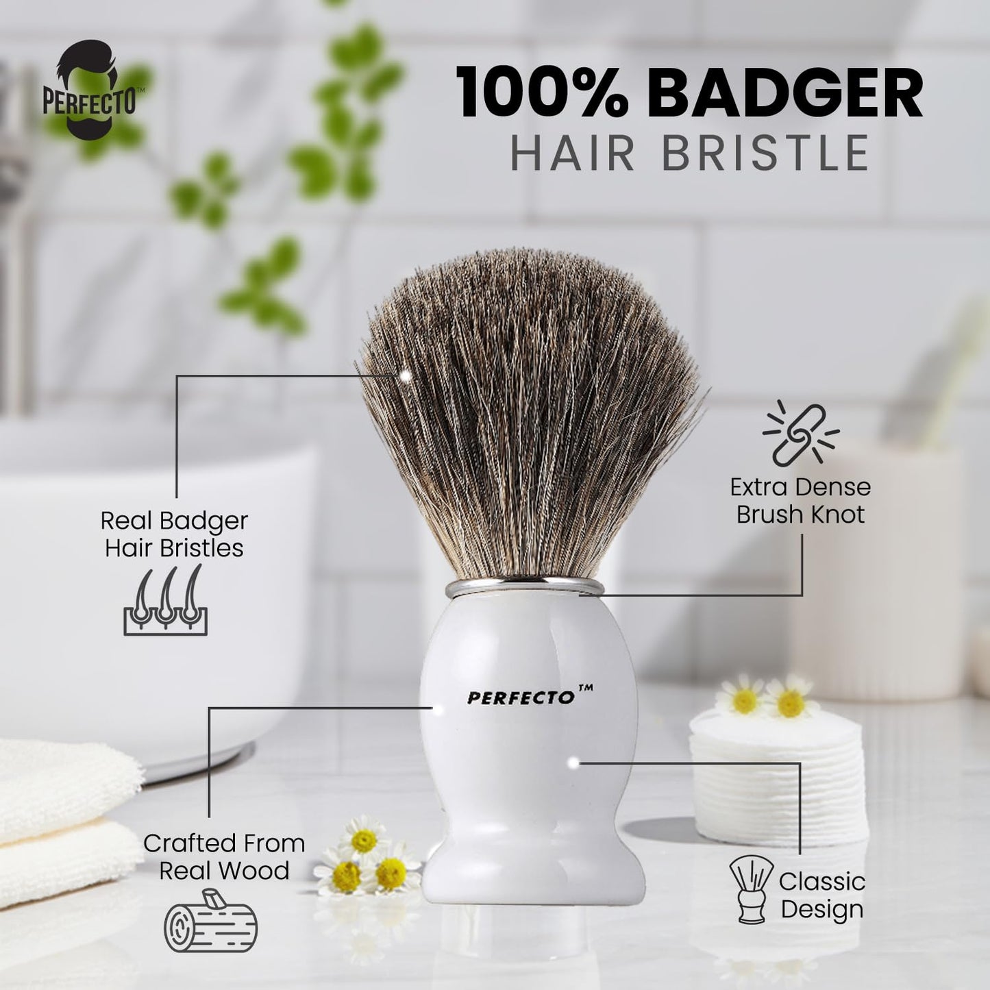 Perfecto 100% Pure Badger Shaving Brush-White Handle, Gift for Dad, Engineered for the Best Shave of Your Life. For Fathers Day Gift, Safety Razor, Double Edge Razor, Straight Razor, Shaving Razor