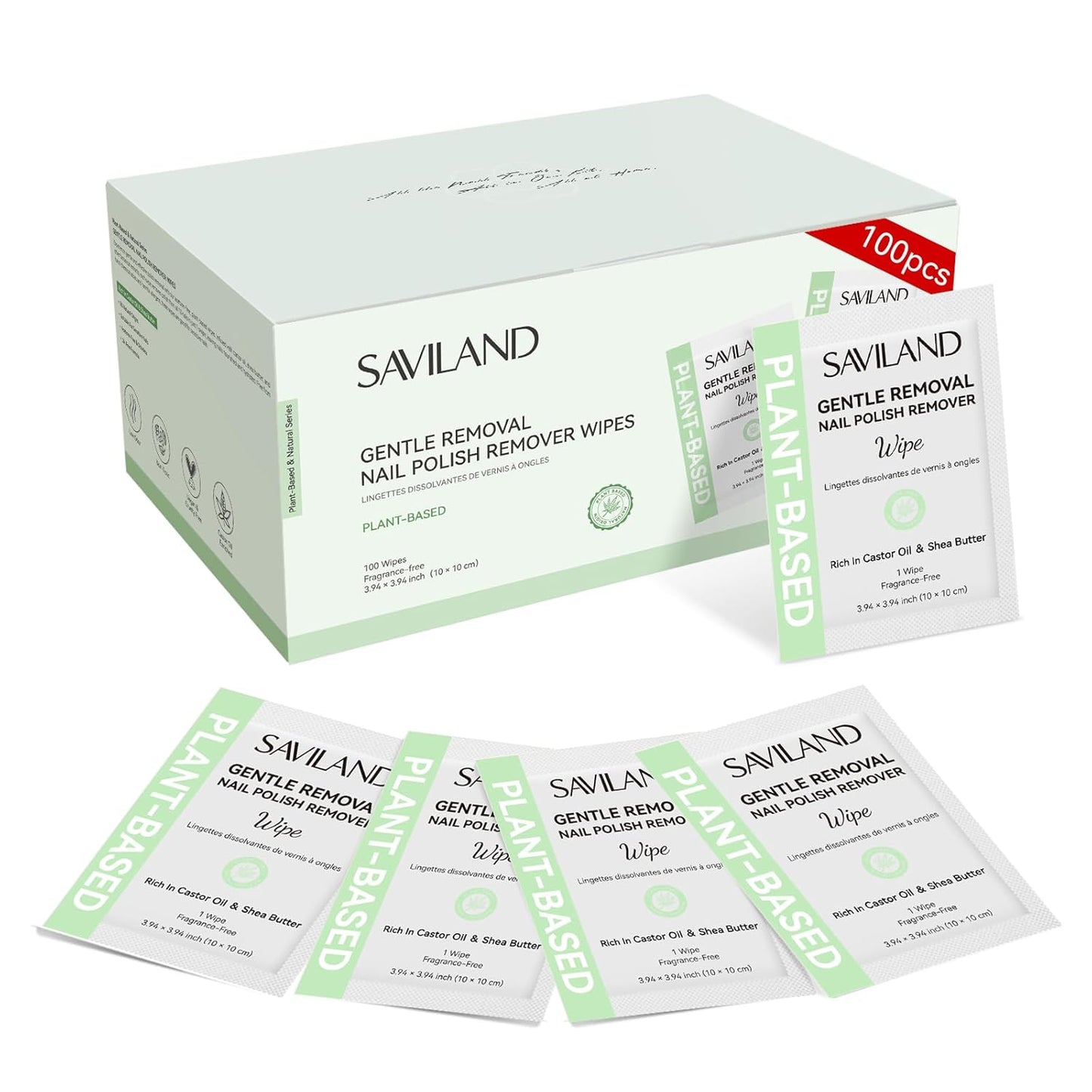 SAVILAND Plant-Based Nail Polish Remover Pads: Non Acetone Nail Polish Remover Wipes 100 Pcs Castor Oil & Shea Butter Travel Nail Kit Large Pads for Sensitive Nails Remover Salon Use