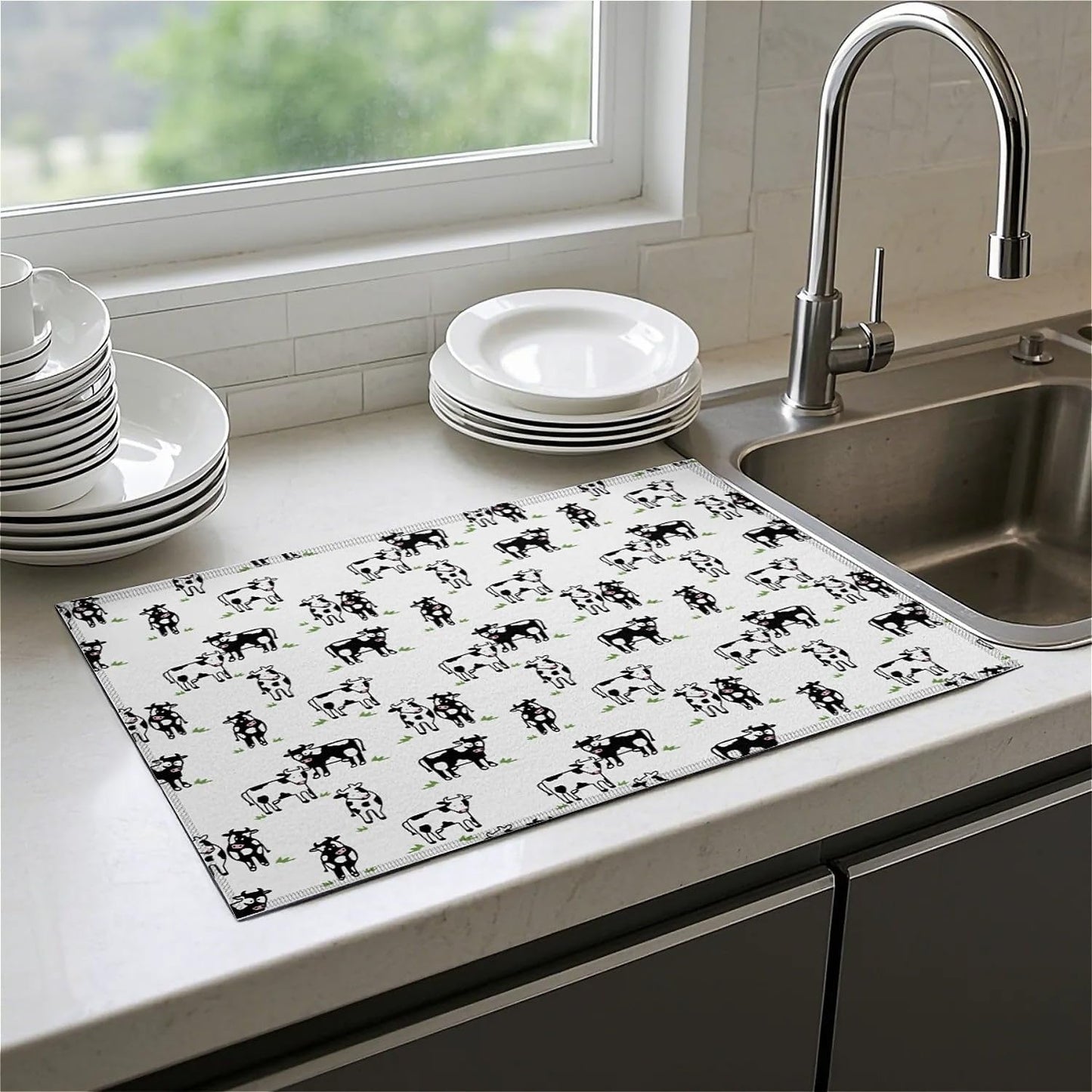 Dish Drying Mat For Kitchen Counter, Cute Cows Microfiber Absorbent Dish Drainer Rack Pad Reusable Large 18x24in Drying Mat