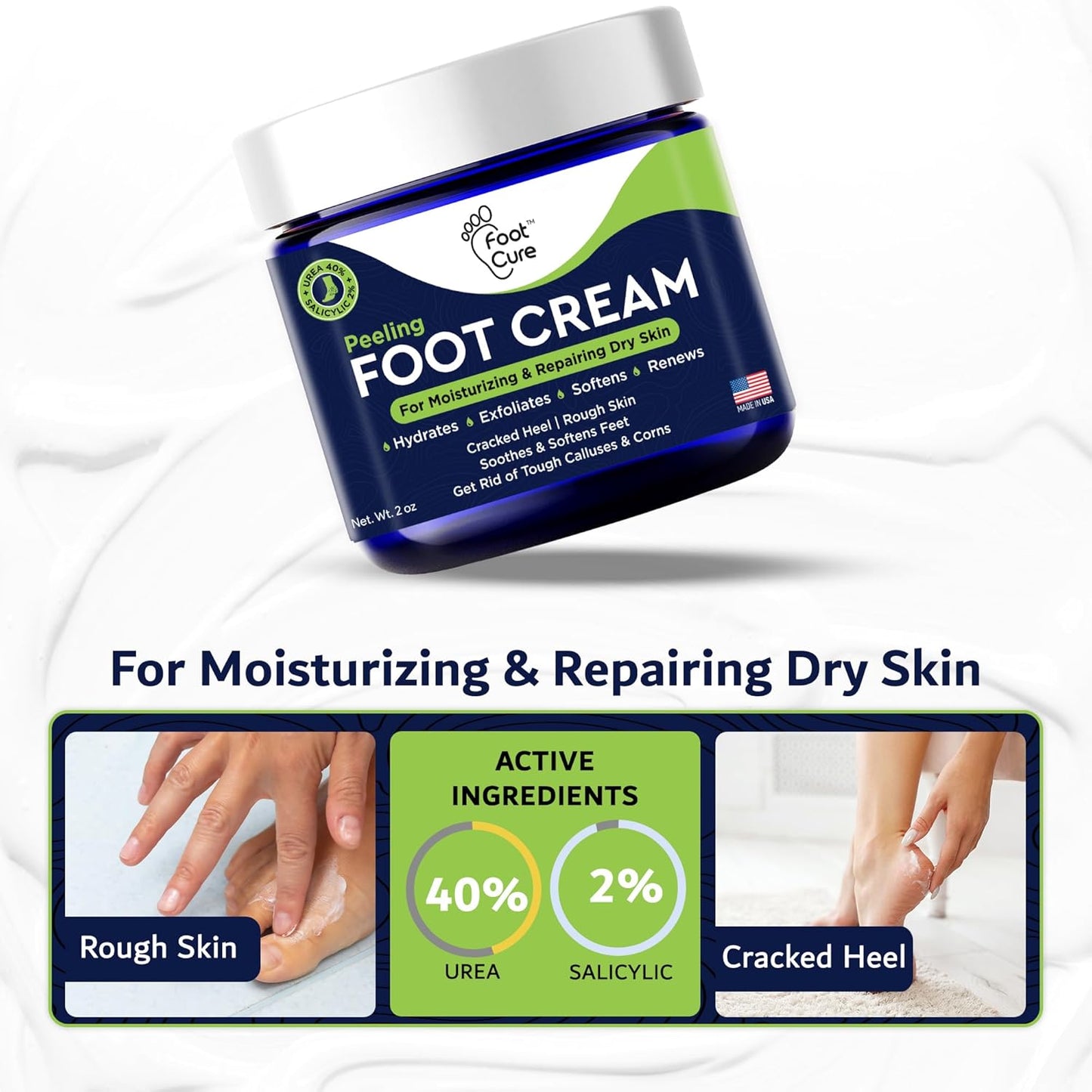 Tea Tree Oil Foot Cream - Moisturizing Athletes Foot Care For Dry Cracked Feet Cream - Heel & Callus Removal, Toenail Treatment, Ringworm Itchiness Relief - Made in USA Foot Cream, 2 Ounce Pack of 1