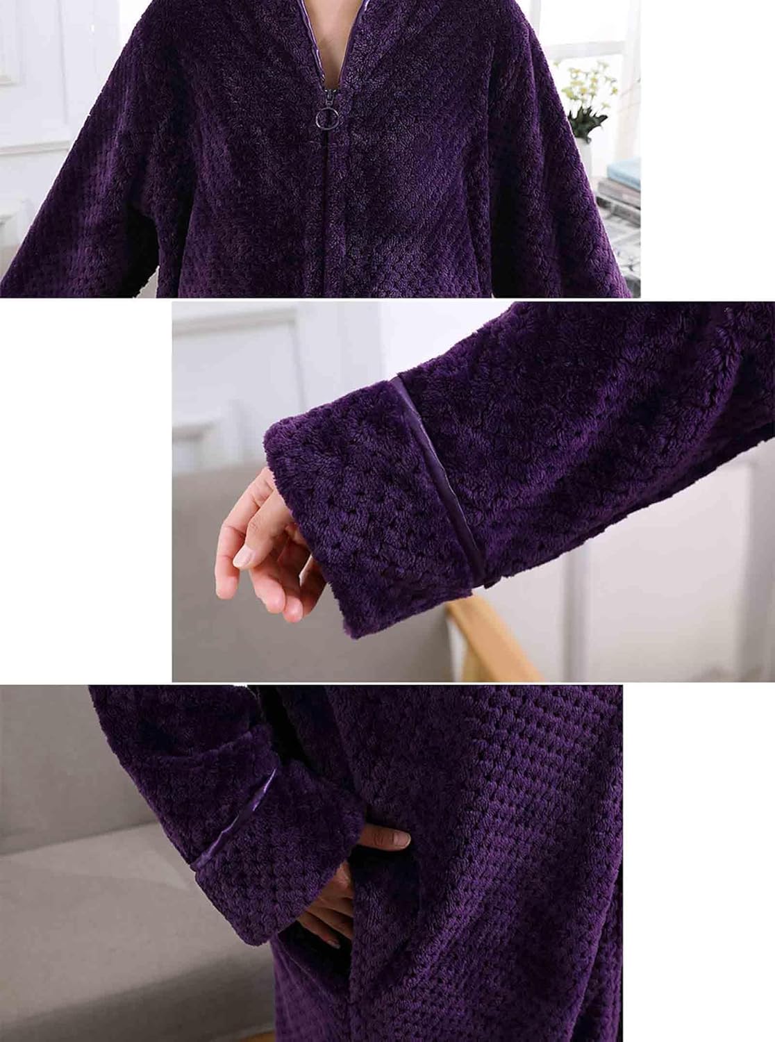 Artfasion Womens Fleece Robe Plush Long Zip Front Bathrobe with Pockets Warm Soft Zippered Bathrobes for Women