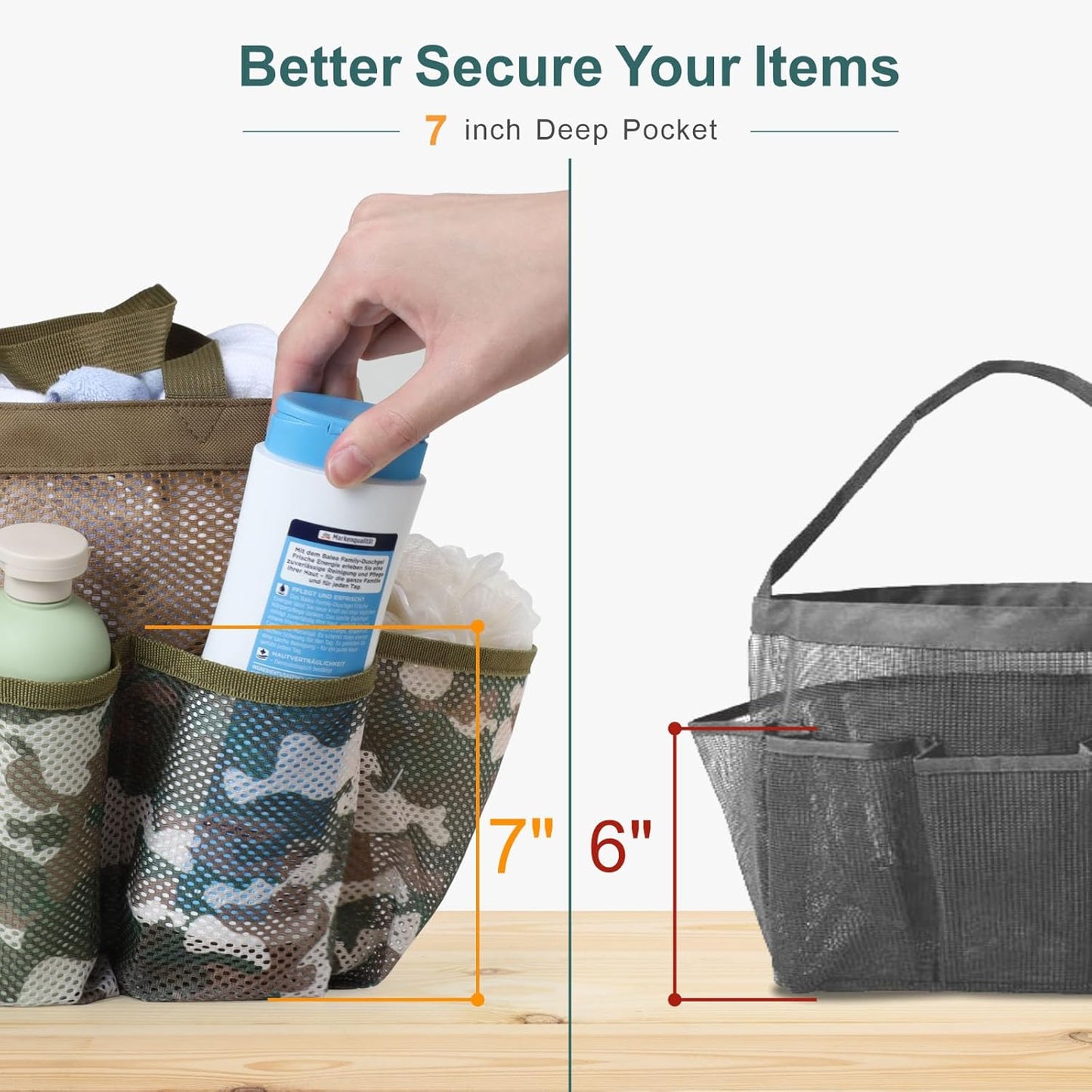 F-color Shower Caddy Portable - Mesh Shower Bag Basket Tote for College Dorm Room Essentials Bathroom Gym Camp Quick Dry for Women Men with S Hook, Brown Camouflage