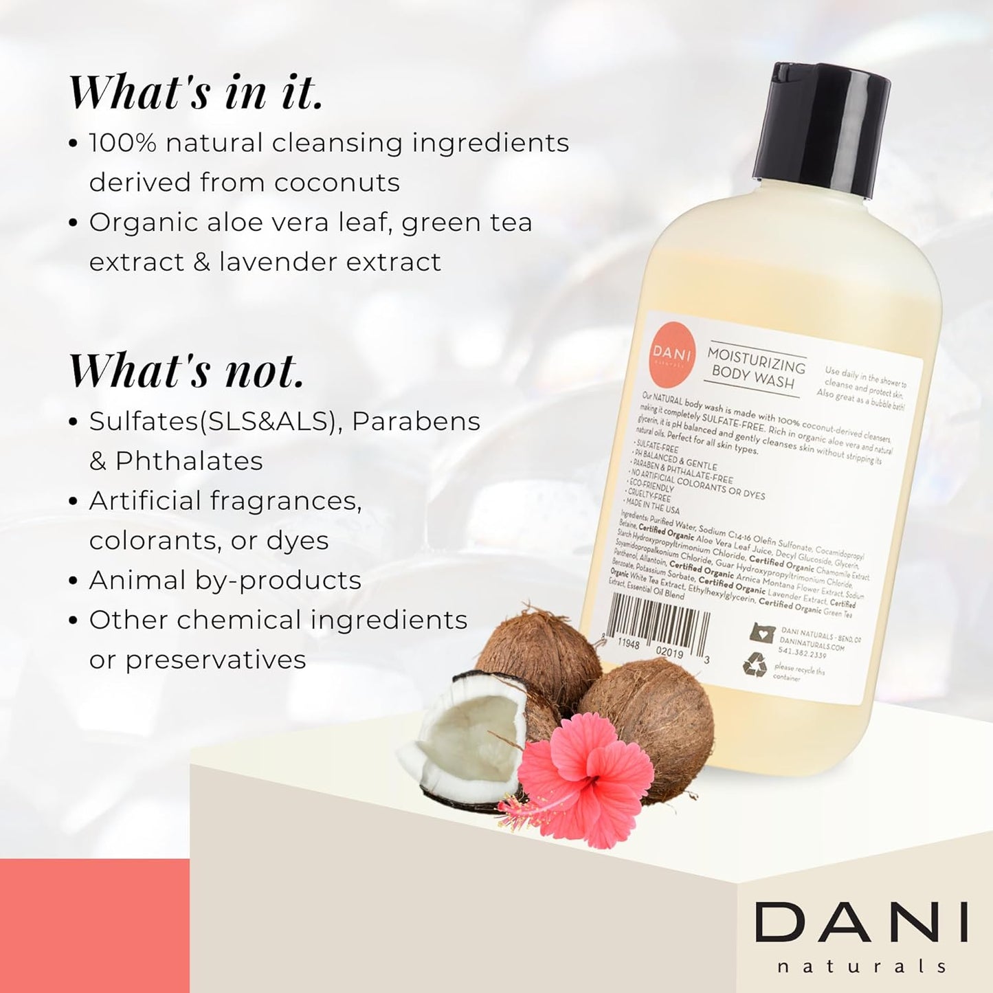 DANI Naturals Moisturizing Body Wash - Tropical Coconut Hibiscus Scent with Organic Aloe Vera & Natural Glycerin - Paraben & Sulfate-Free Shower Gel - 12 oz - Vegan & Cruelty-Free