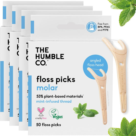 The Humble Co. Floss Picks (200 Count) – Plant Based Dental Floss Picks with Grip Handle for Superior Oral Care, Dental Hygiene, and Gum Health, Cruelty Free Tooth Floss Picks (Mint)