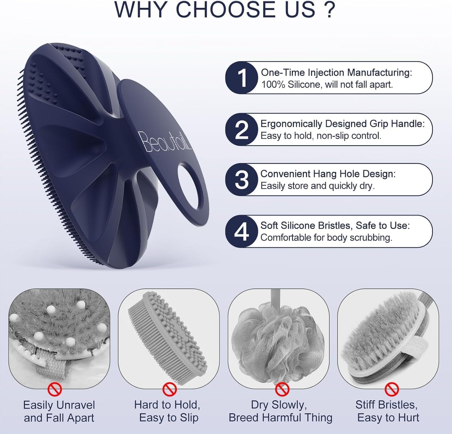 Silicone Body Scrubber 2 Pack, BEAUTAIL Shower Bath Wash Brush, Gentle Exfoliating Scrub Cleansing Loofah for Women Men Baby Sensitive Skin, Easy to Clean, Lather Nicely, More Hygienic, Pink+Blue