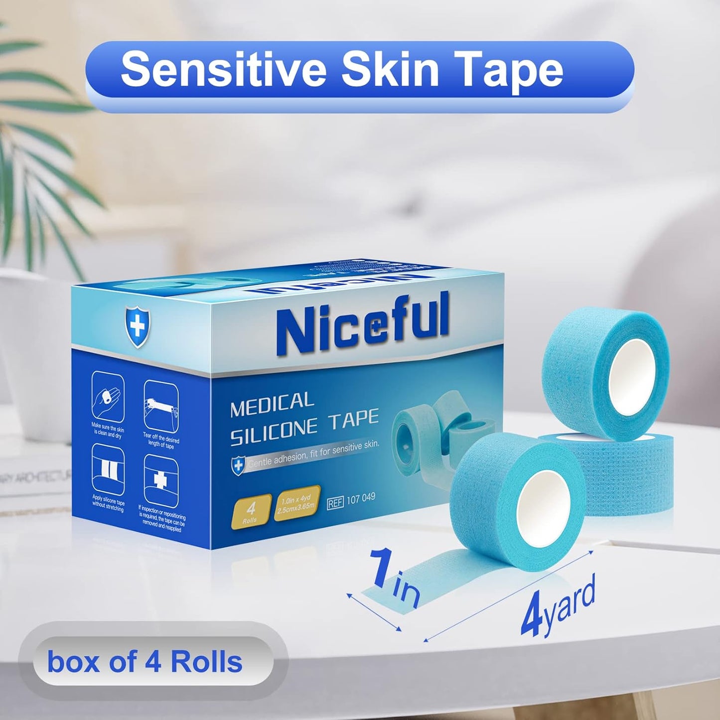 4 Rolls Silicone Sensitive Skin Tape 1"x 4 Yard, Repositionable Medical Tape for Waterproof, Easy to Remove, Blue Lash Tape Non-Woven Silicone Roll Tape for Wound Care