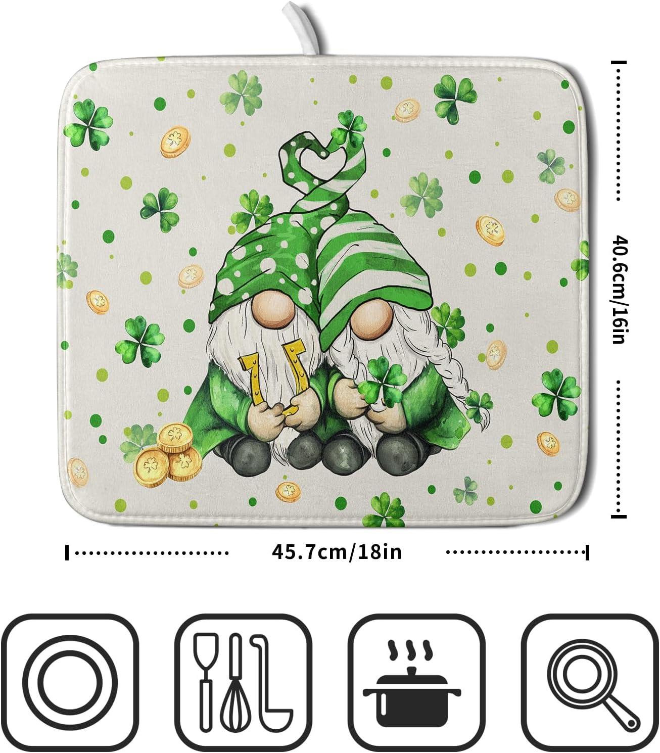 St Patrick's Day Gnome Dish Drying Mat 16x18 inch Lucky Shamrock Absorbent Reversible Dishes Drainer Rack Mat for Coffee Bar Kitchen Decor