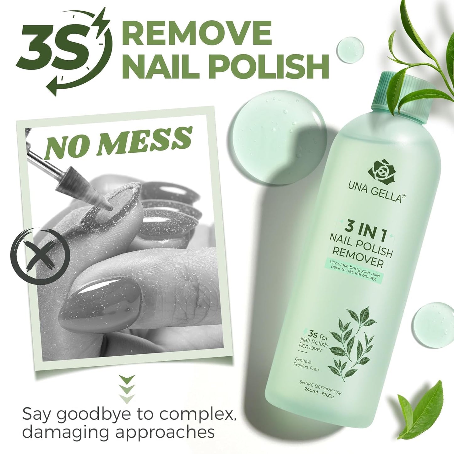UNA GELLA Nail Polish Remover, Soak Off Acetone Polish Remover For Nails With Easy Use Cap, Healthy Formula Works For Acrylic Nail Glue 8 Fl Oz, Green Tea Scent