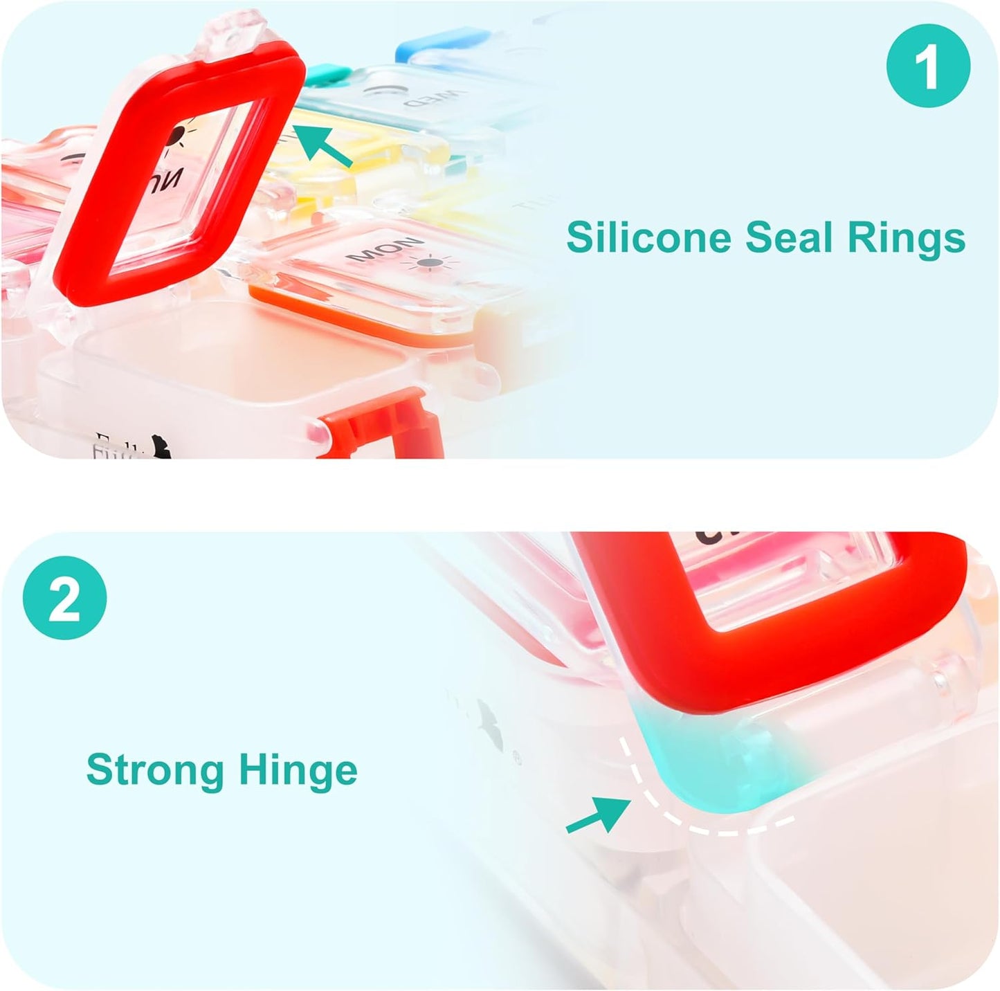 Fullicon Moisture Proof Pill Organizer 2 Times a Day, Large Pill Box 7 Day, Spill Proof Pill Case, Travel Pill Container, Medicine Pill Organizer with Secure Lids, Daily Pill Organizer (Rainbow Clear)