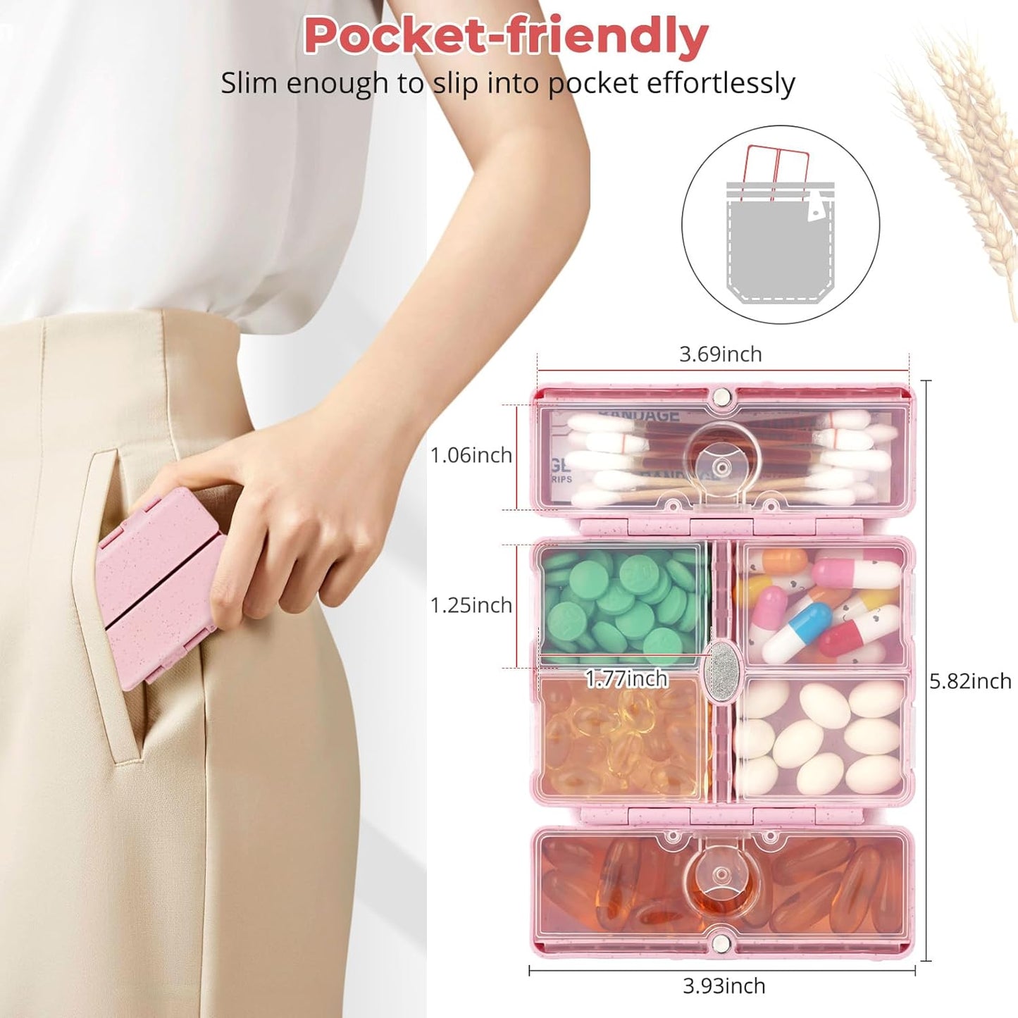 Zentiky Small Daily Pill Organizer with Labels, Medicine Pill Organizer Fit with Your Purse or Pocket for Travel to Hold Vitamin, Fish Oil, Supplement,Cotton Swabs, Bandages or Jewelry-Pink