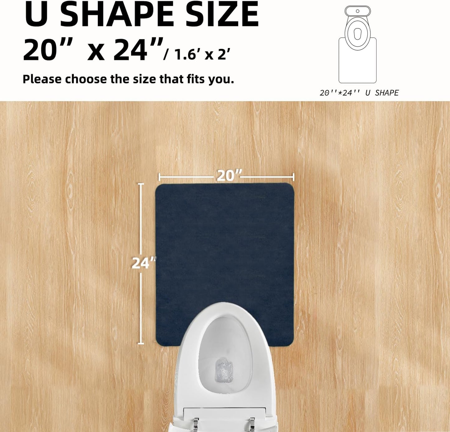 Toilet Rug, Thin Toilet Rugs U Shaped Washable Non Slip Absorbent Quick Dry Low Pile Toilet Mat, 20"x24" U Shape Navy Blue
