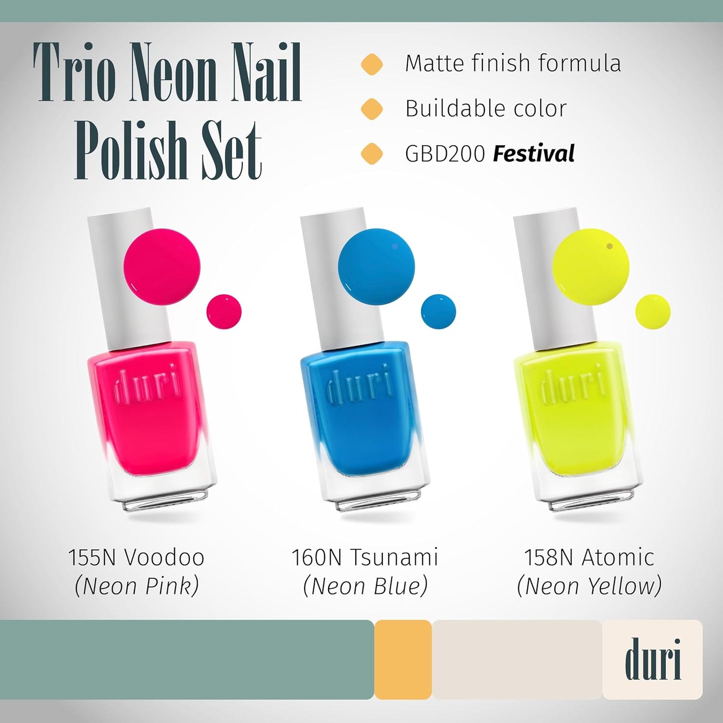 duri Trio Neon Nail Polish Set - GBD-200 Festival, Matte Finish, Quick Drying, 0.45 Fl Oz each