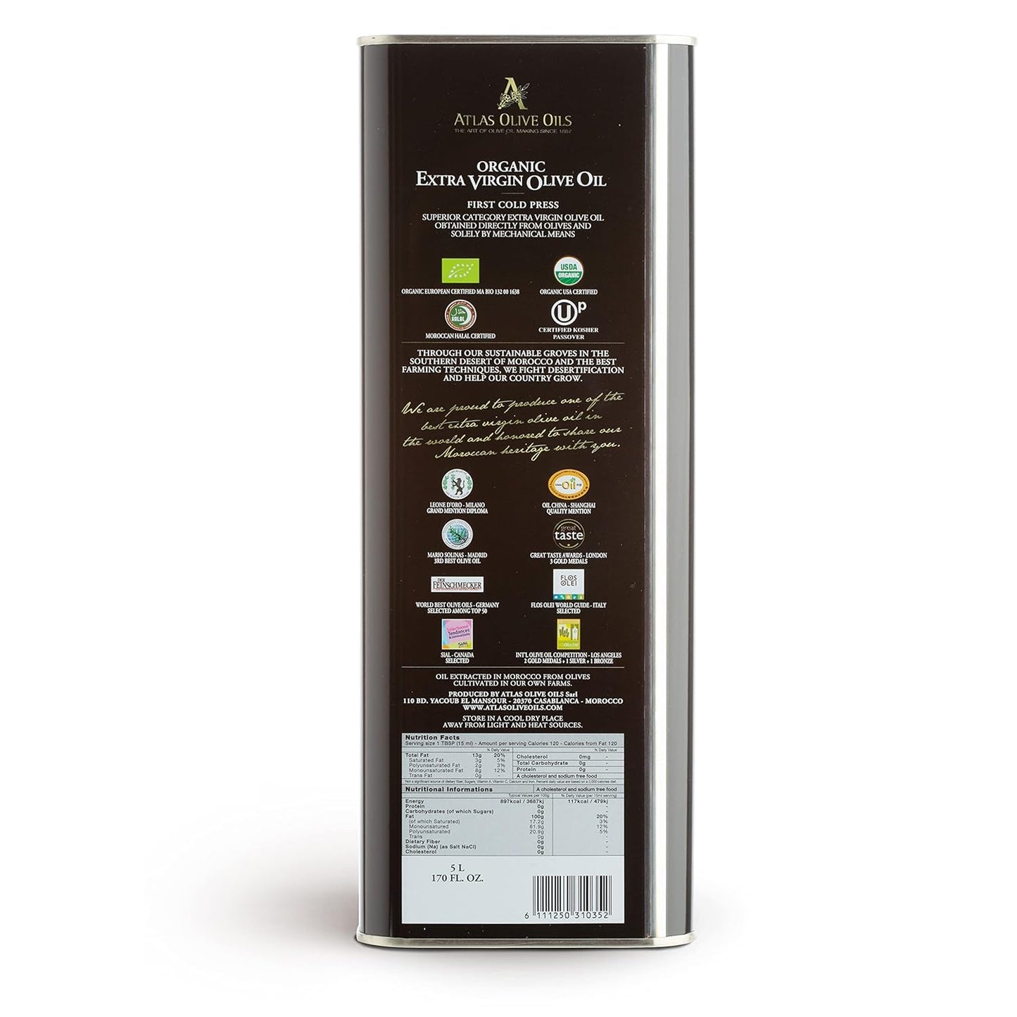 A ATLAS OLIVE OILS Bulk Organic Cold Pressed Moroccan Extra Virgin Olive Oil, Polyphenol Rich, Newly Harvested Unprocessed from One Single Family Farm Cold Press Ext. Virgin 170 Fl Oz (Pack of 1)