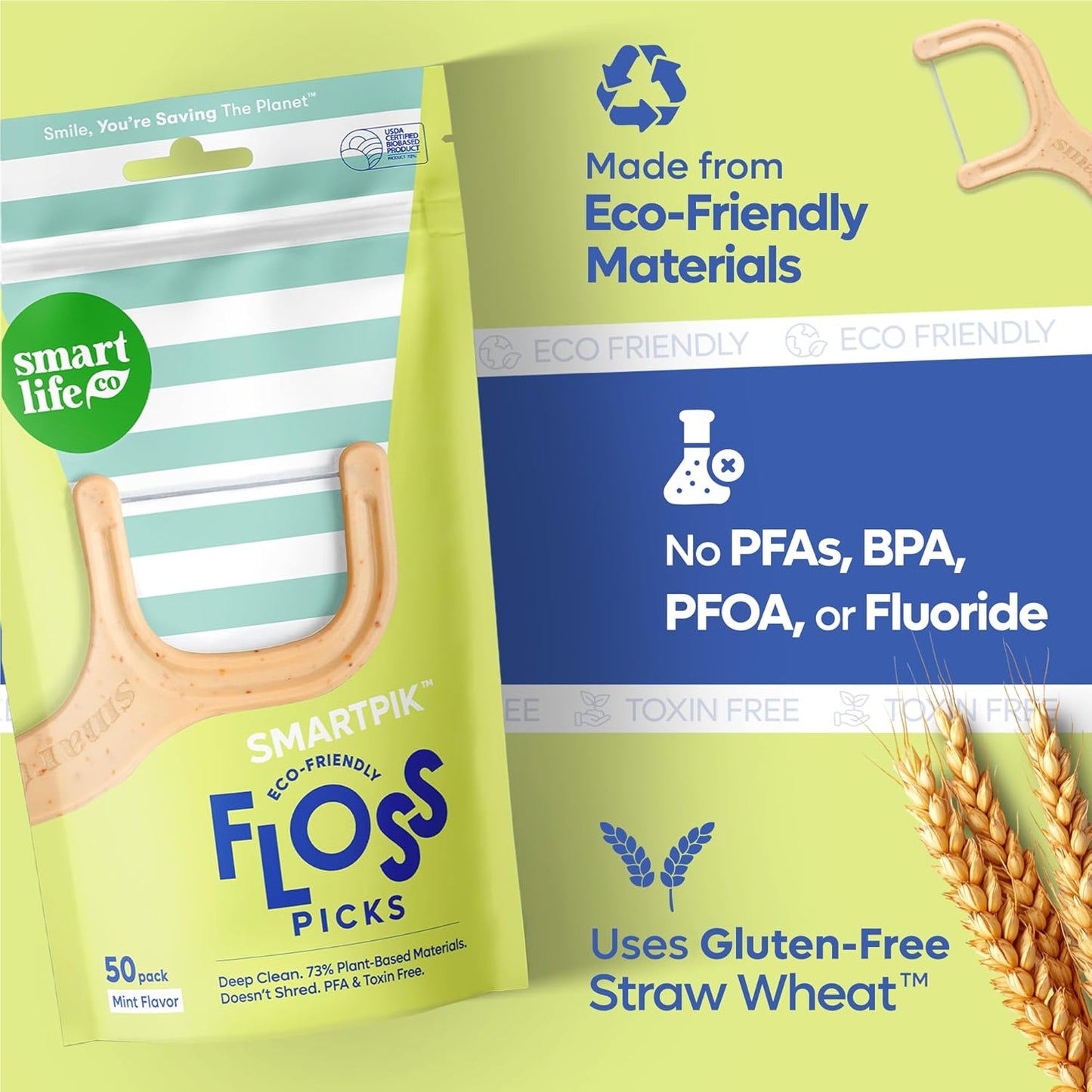 SmartLifeco Eco-Friendly Dental Floss Picks (200ct) - Flossers Made with Straw Wheat Blend, Superior Anti-Shred Thread for Tight Gaps, Tooth Pick Stick for Adults, Soft on Gum & Teeth, Vegan, Mint