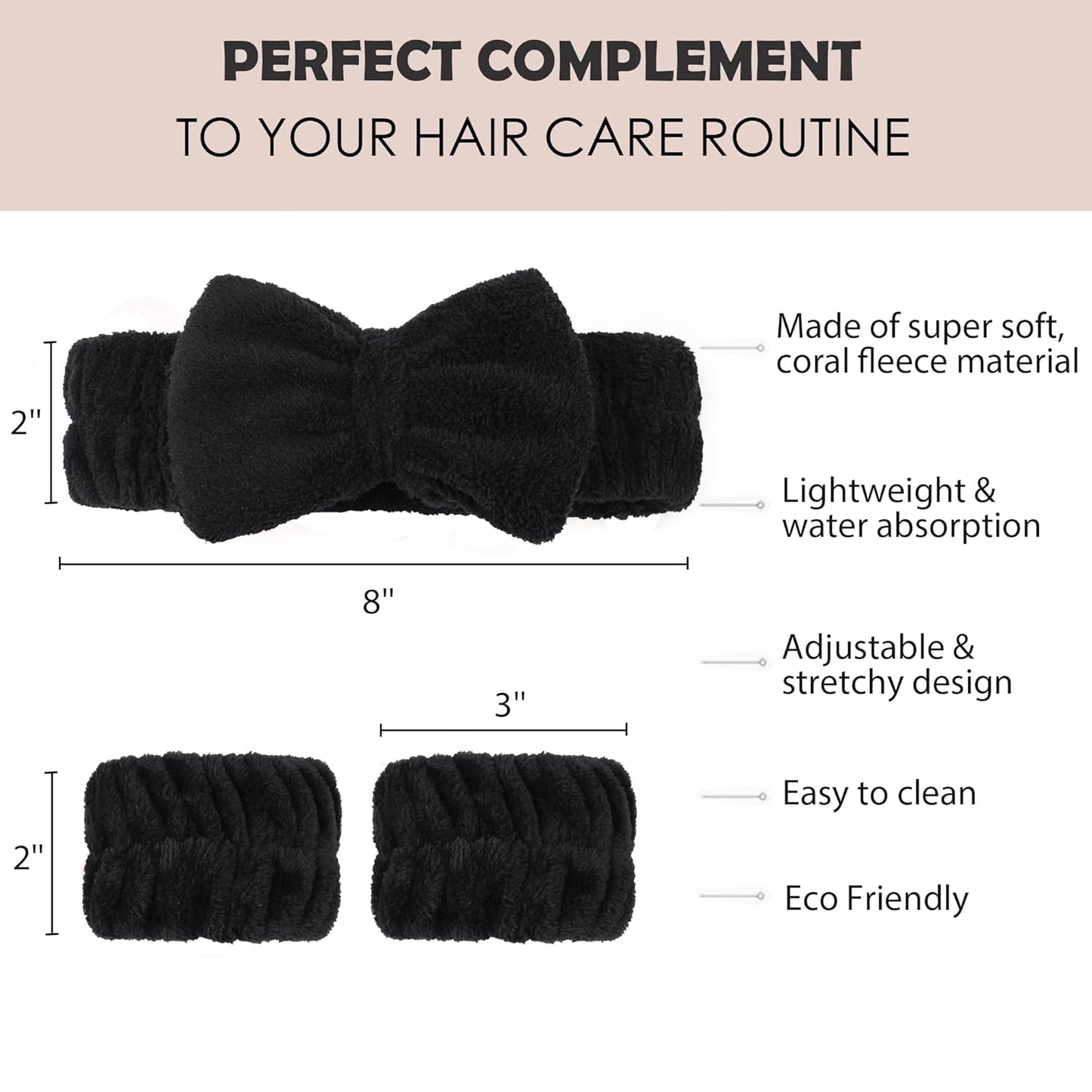 Ayesha Spa Headband and Wristband Set for Skincare Washing Face,Makeup Headband Wrist Cuffs for Preppy Skincare Women Girl(Black set)