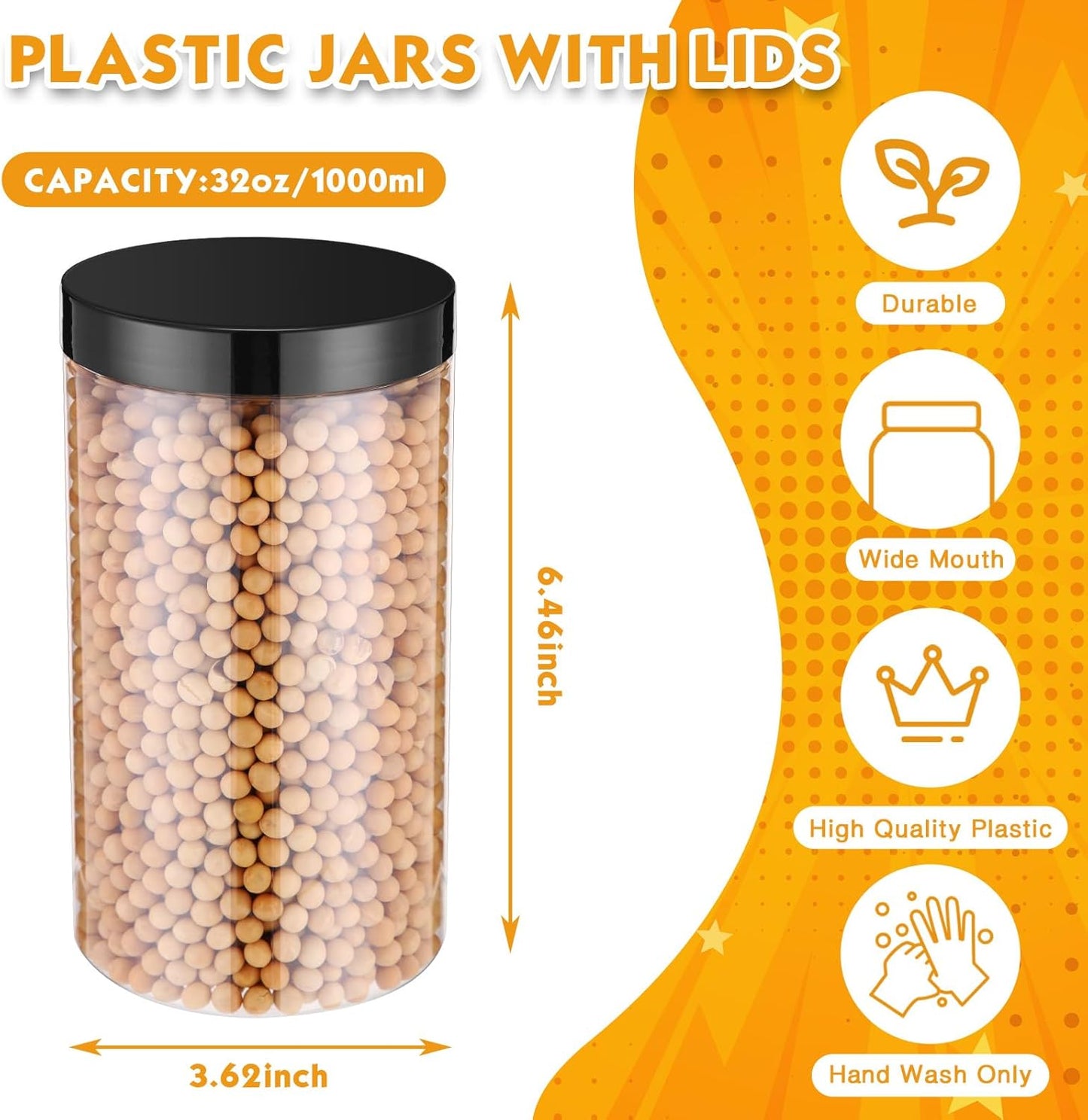 SATINIOR 12 Pack 32 oz Plastic Container Jars with Lids Round Clear Travel Cosmetic Container Slime Jars for Toiletries, Lotion, Cream, Ointments, Makeup, Rhinestone, Samples, Kitchen Storage(Black)